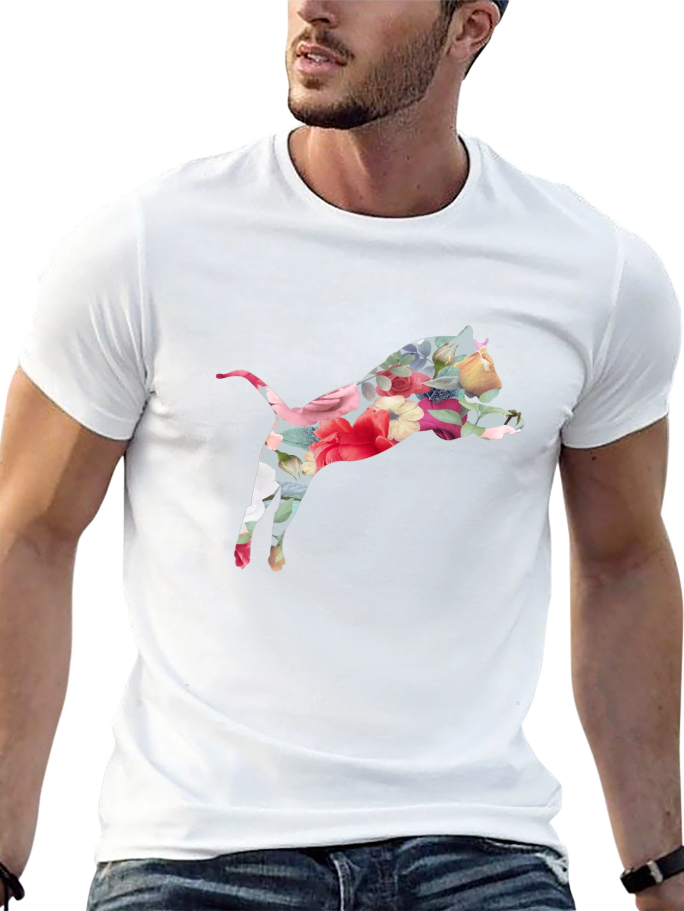 Floral Cat Print Black T-Shirt
