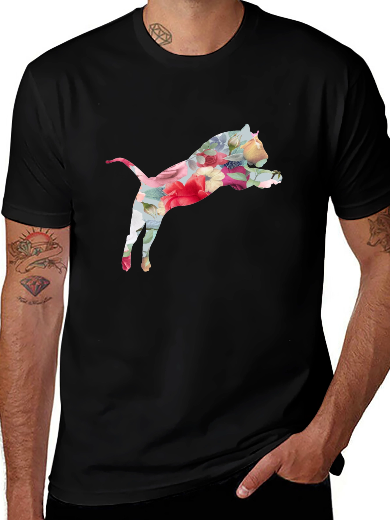 Floral Cat Print Black T-Shirt
