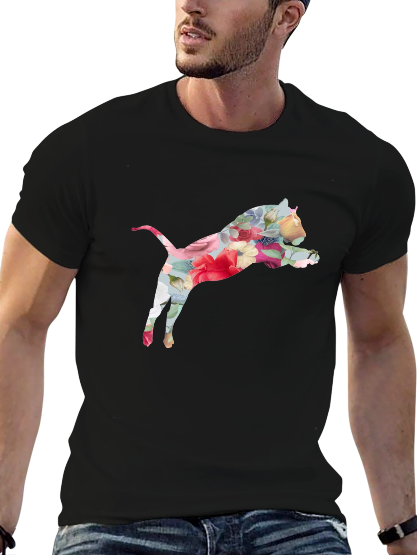 Floral Cat Print Black T-Shirt