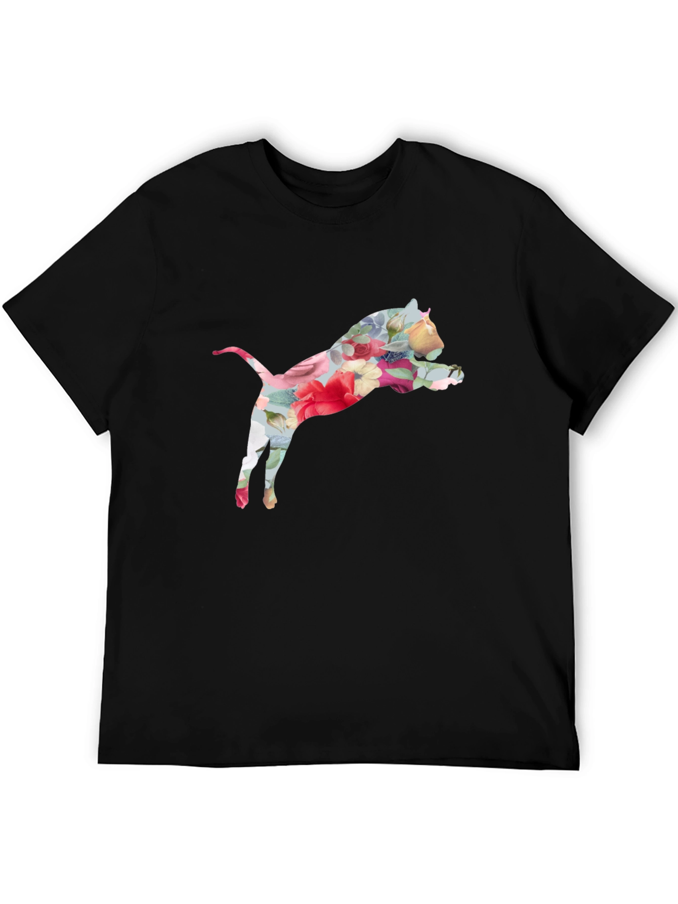 Floral Cat Print Black T-Shirt