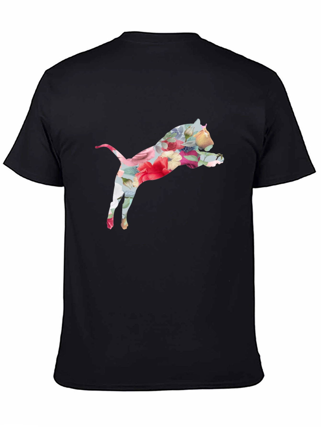 Floral Cat Print Black T-Shirt