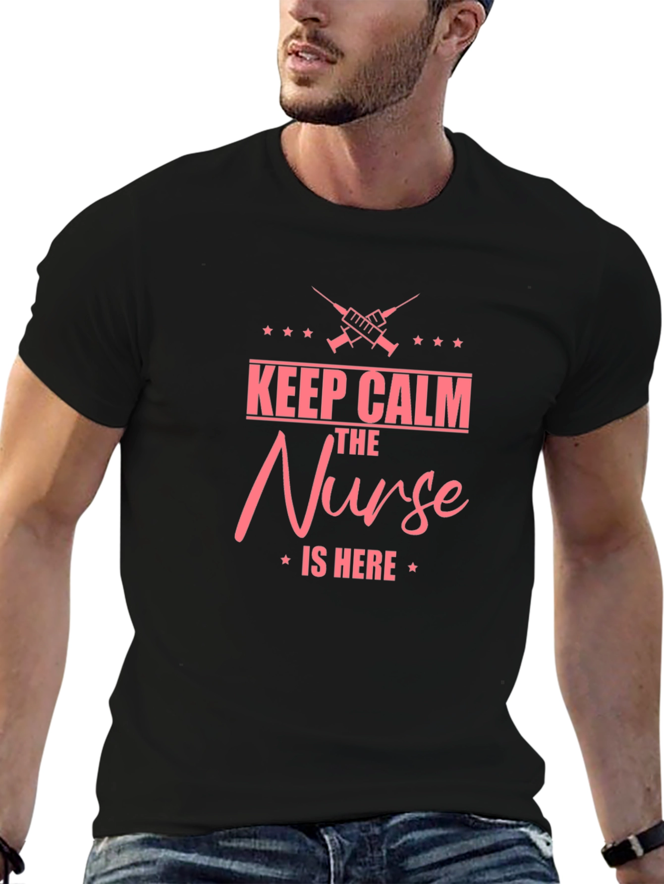 Keep Calm Nurse is Here Black Tee