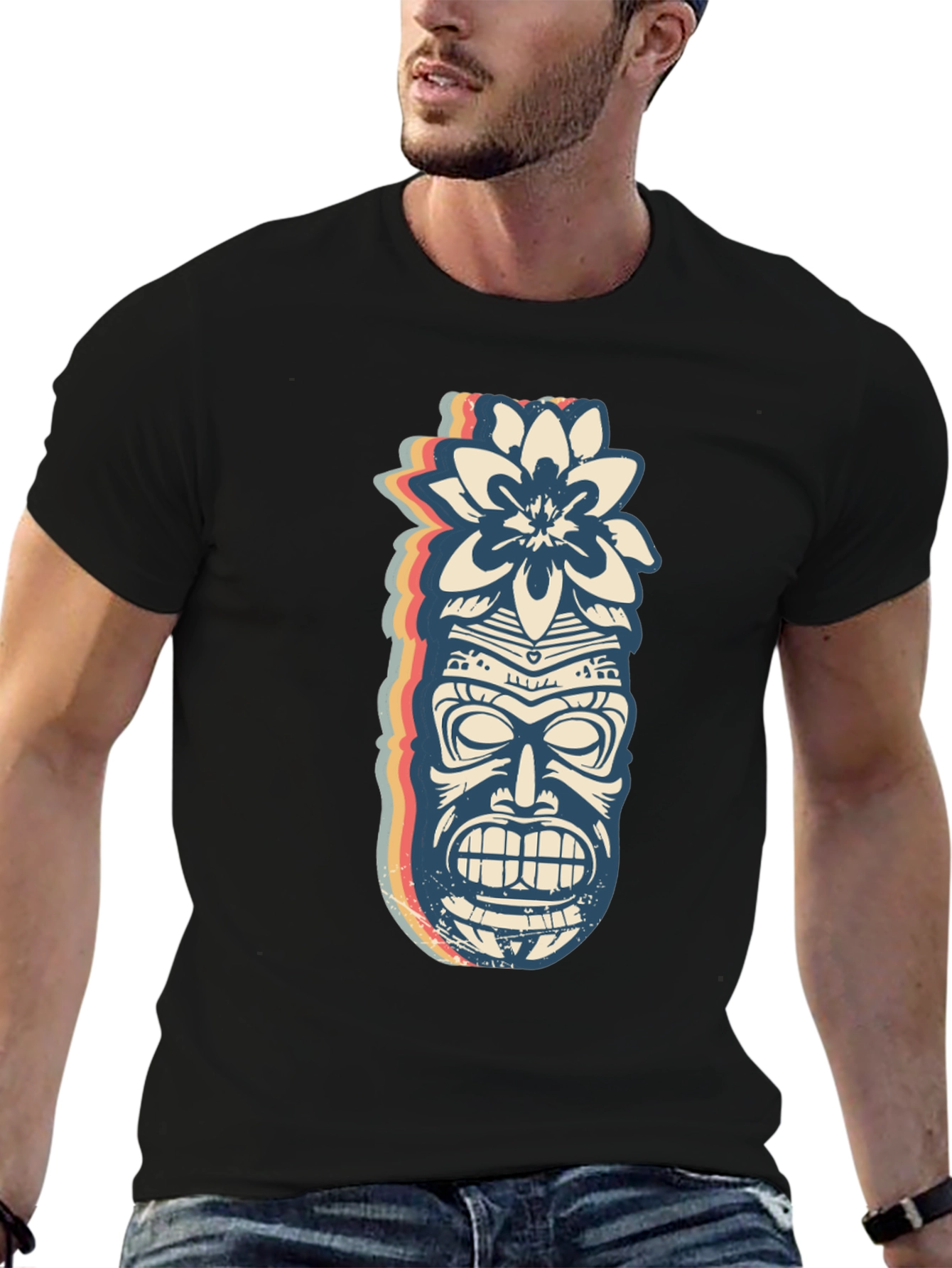 Retro Tiki Mask Graphic Tee - Black