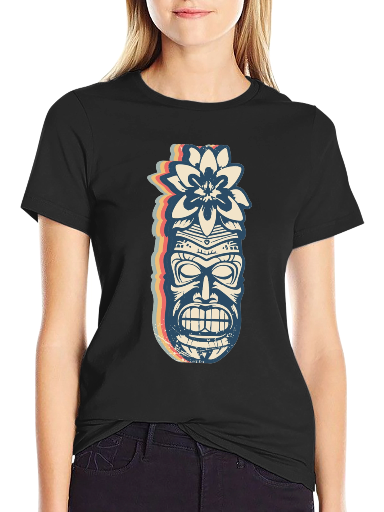 Retro Tiki Mask Graphic Tee - Black