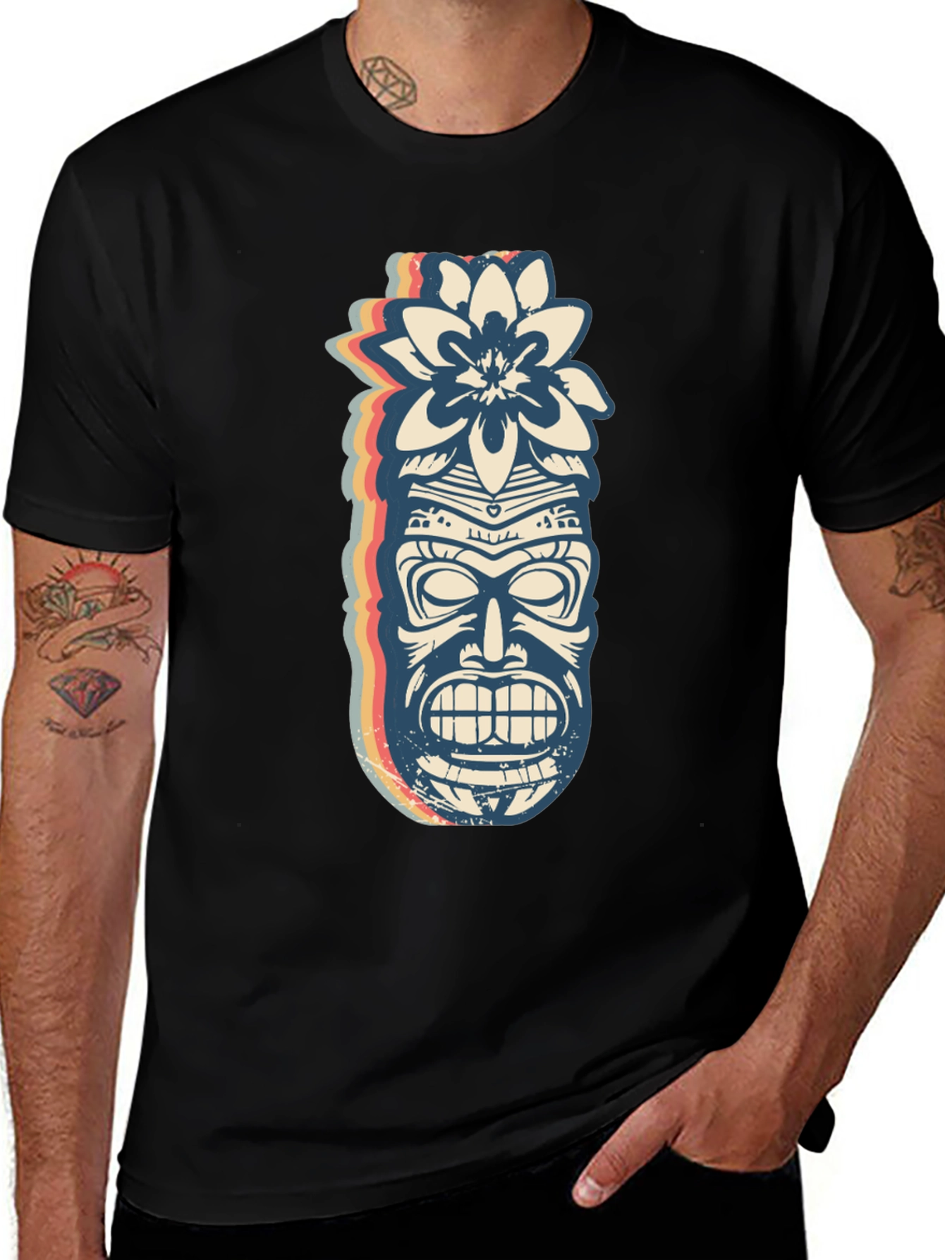 Retro Tiki Mask Graphic Tee - Black