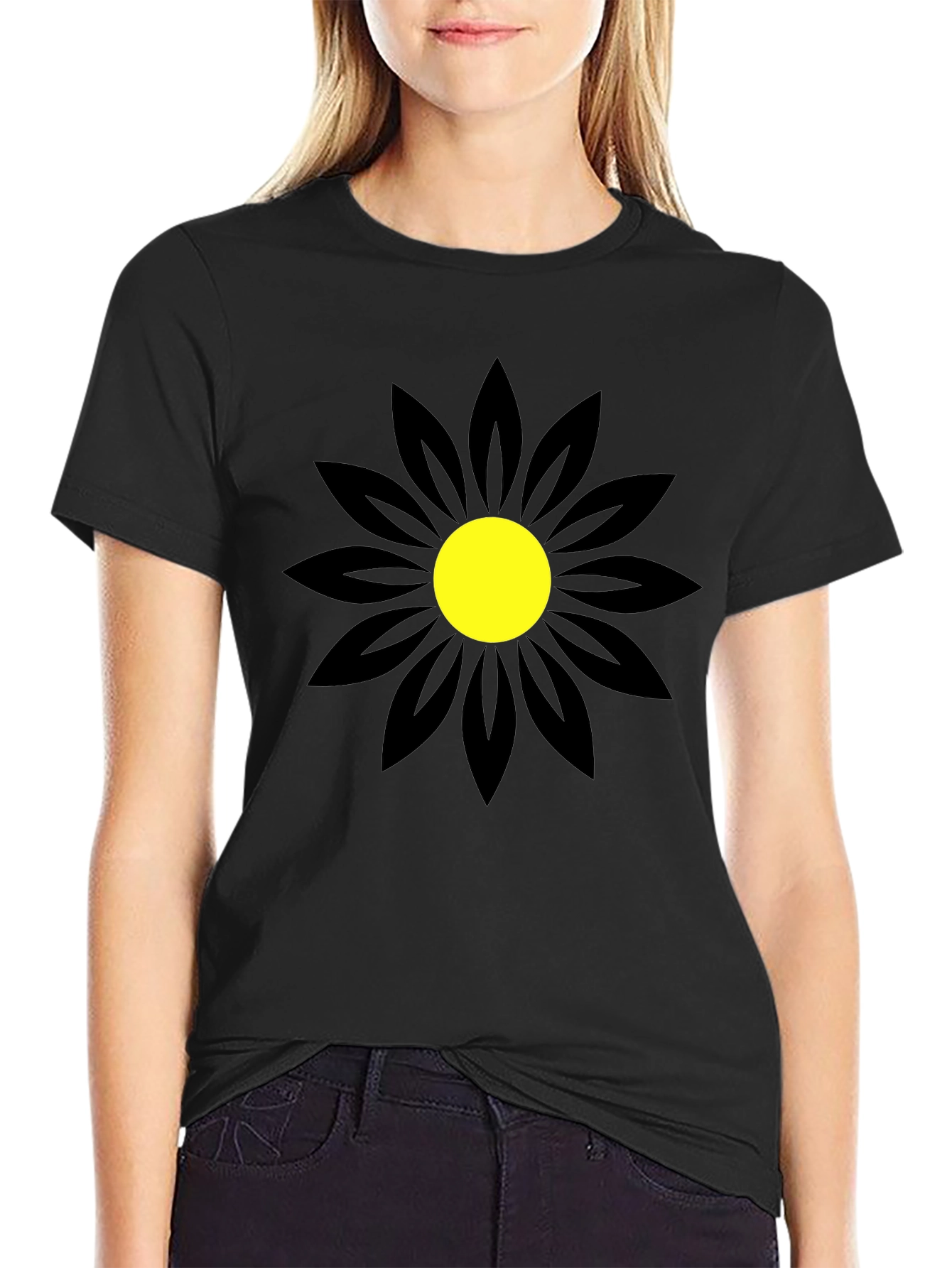 Black T-Shirt with Bold Flower Design