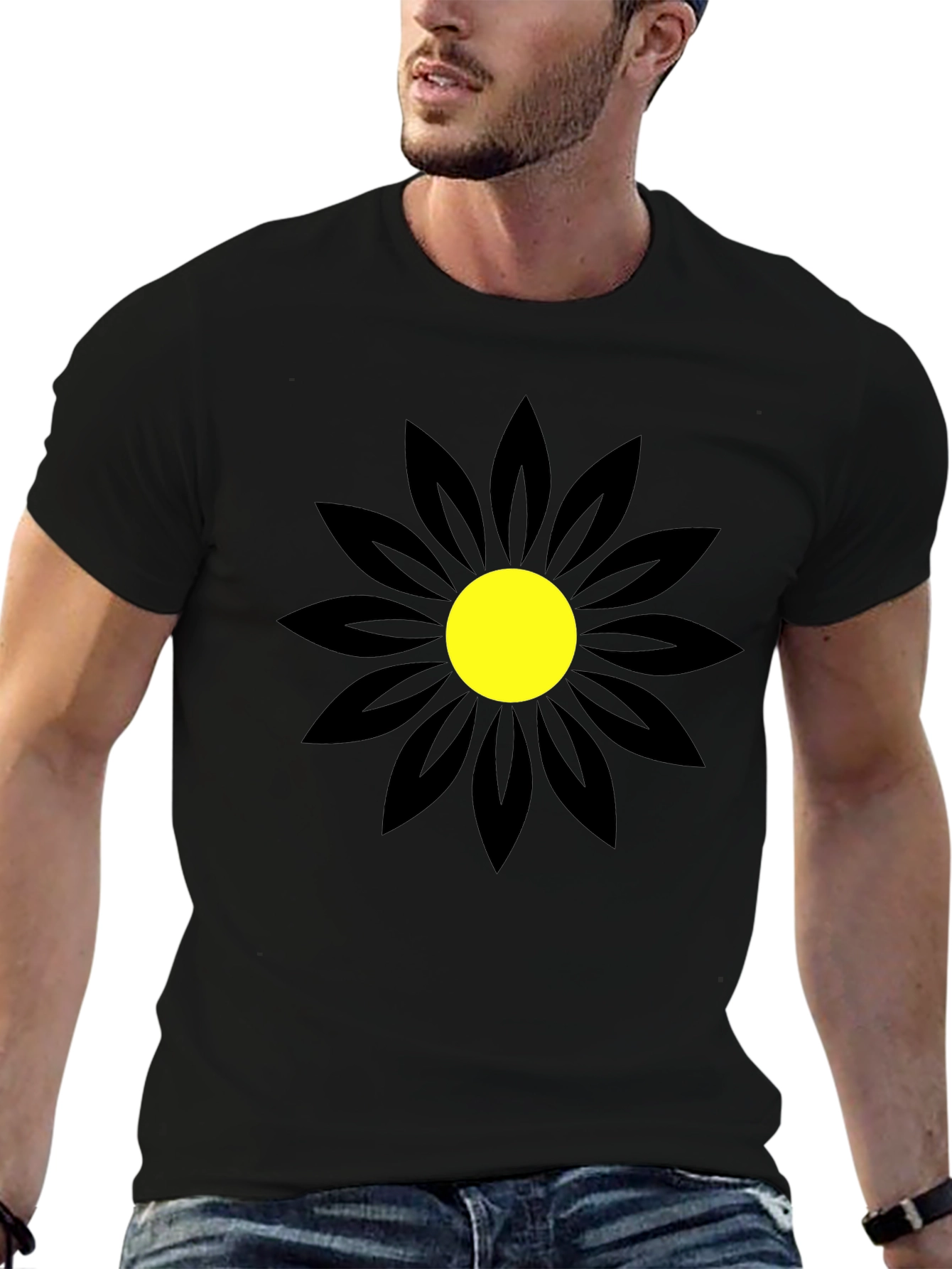 Black T-Shirt with Bold Flower Design