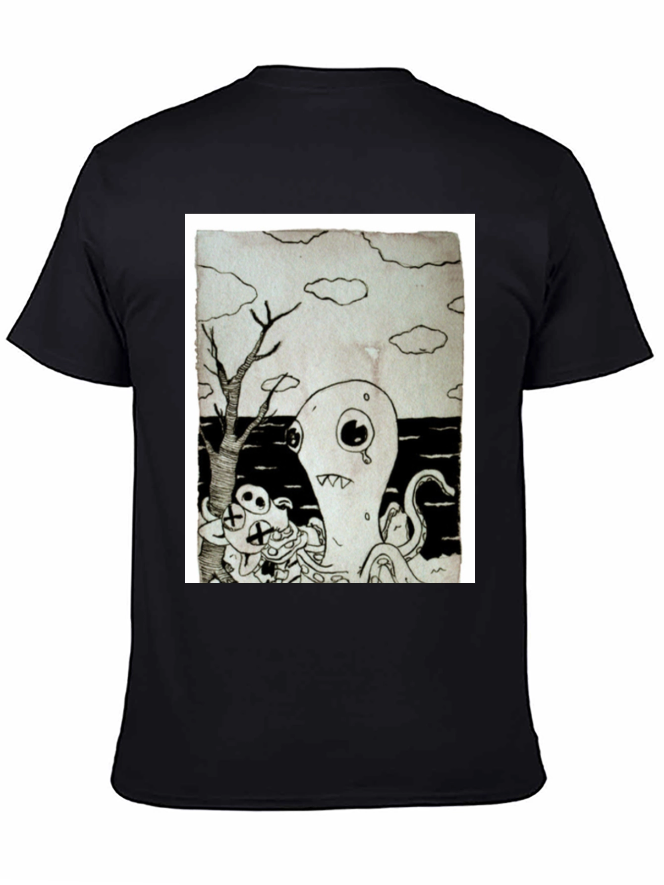 Monochrome Cartoon Graphic Black T-Shirt
