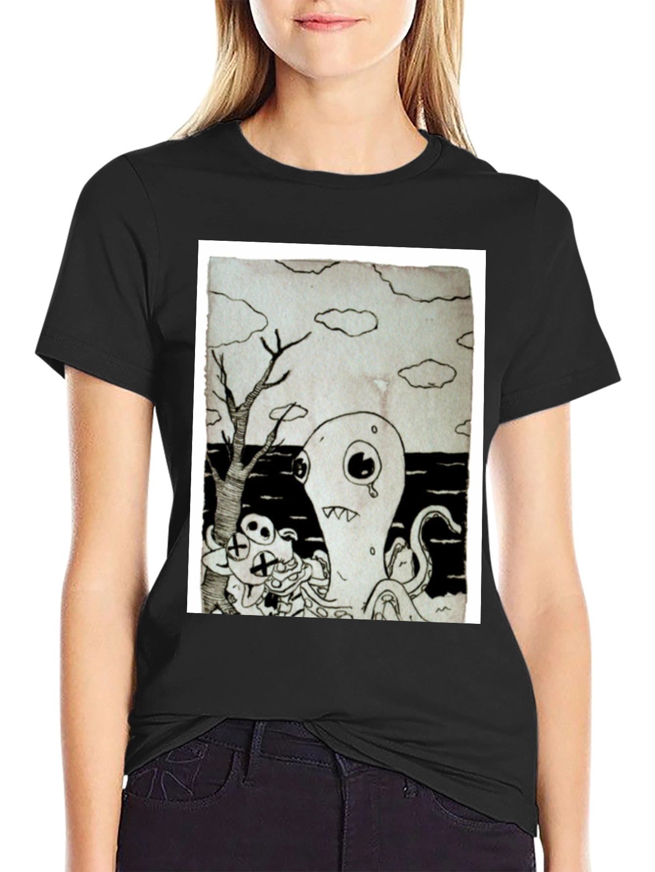 Monochrome Cartoon Graphic Black T-Shirt