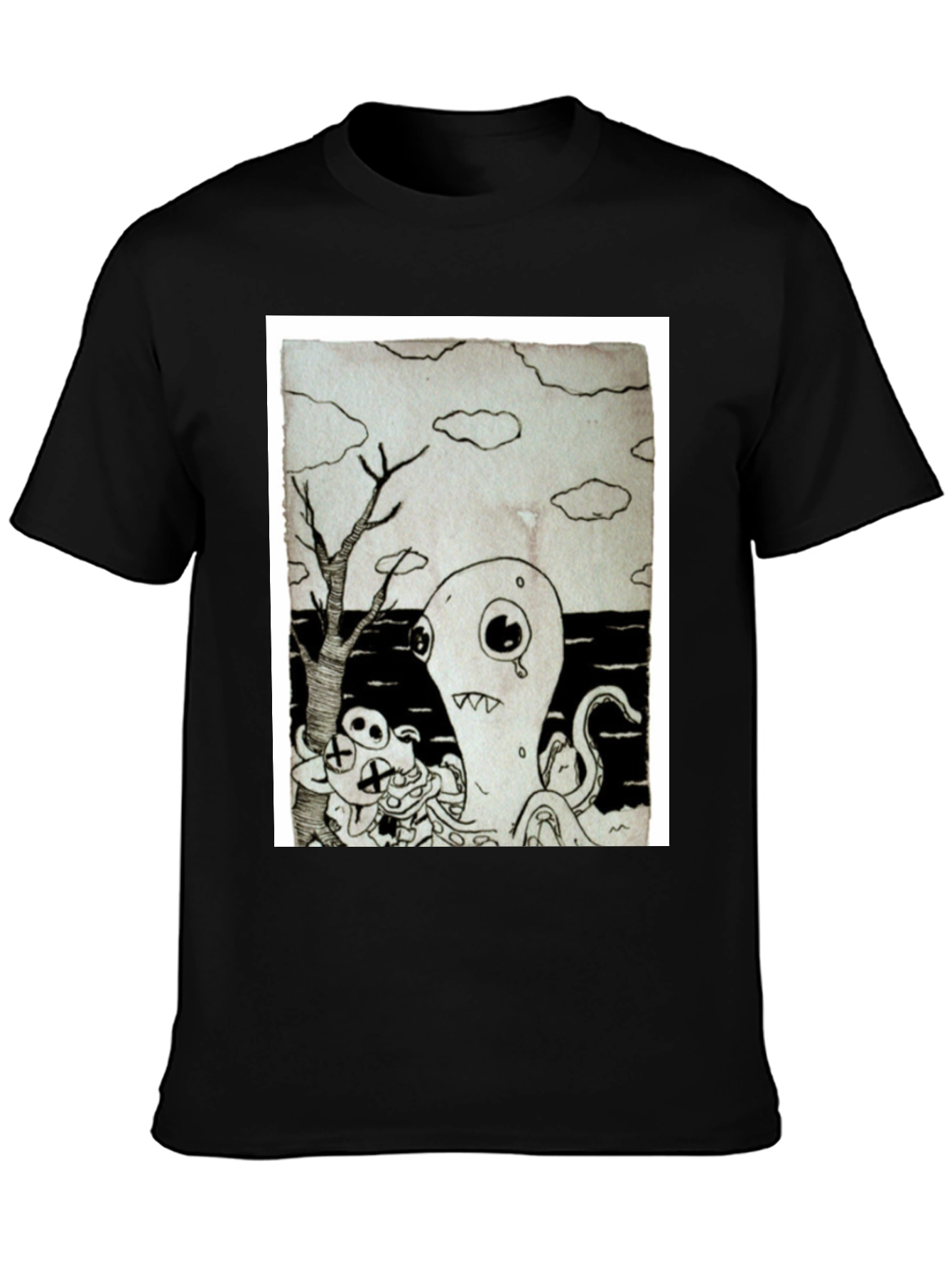 Monochrome Cartoon Graphic Black T-Shirt