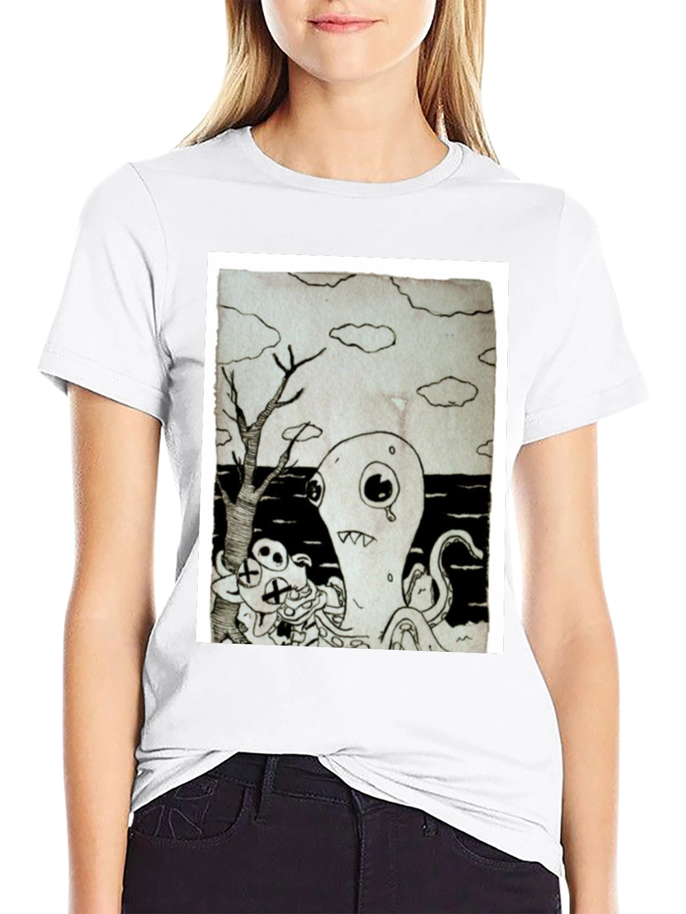Monochrome Cartoon Graphic Black T-Shirt