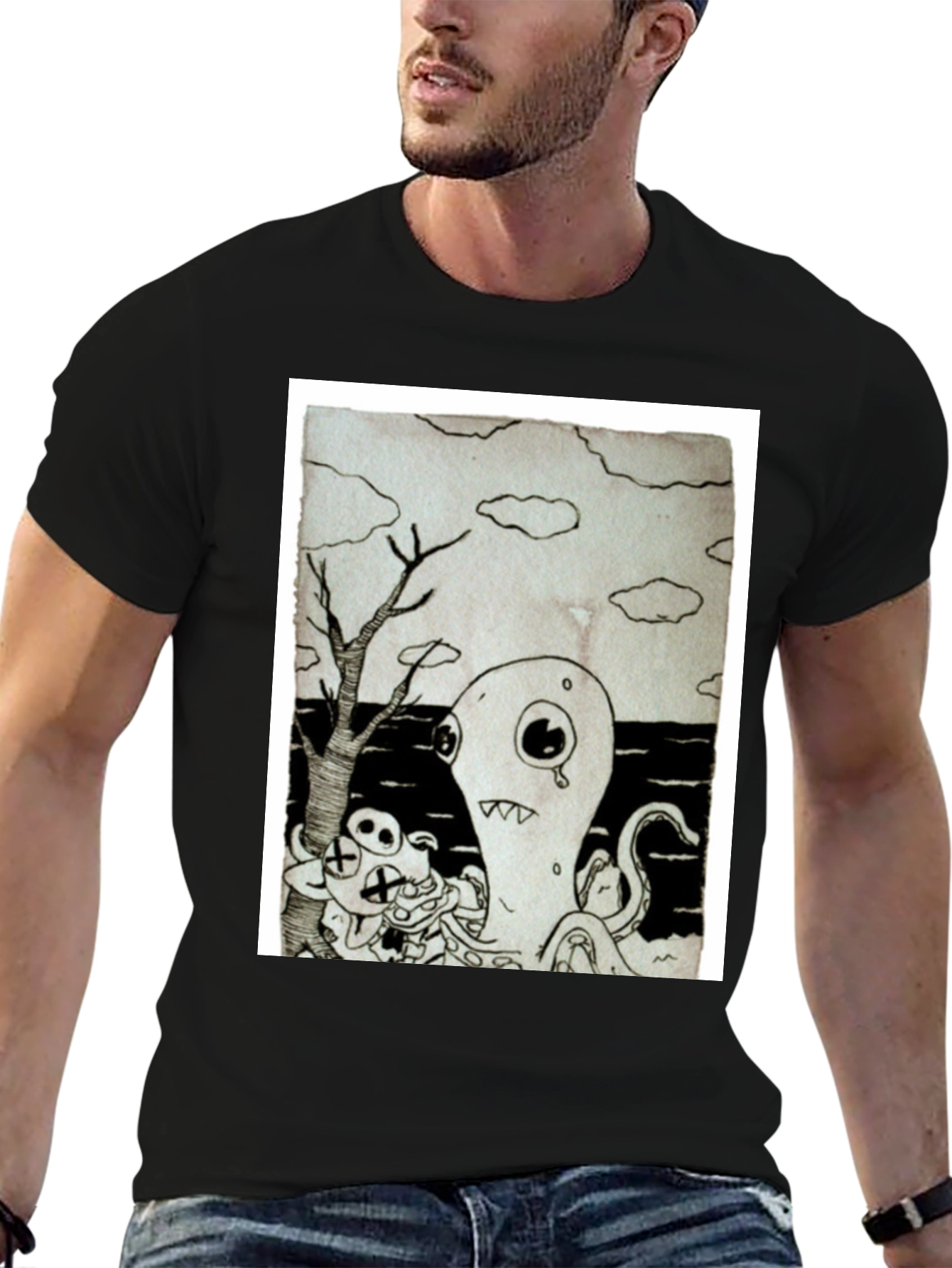 Monochrome Cartoon Graphic Black T-Shirt