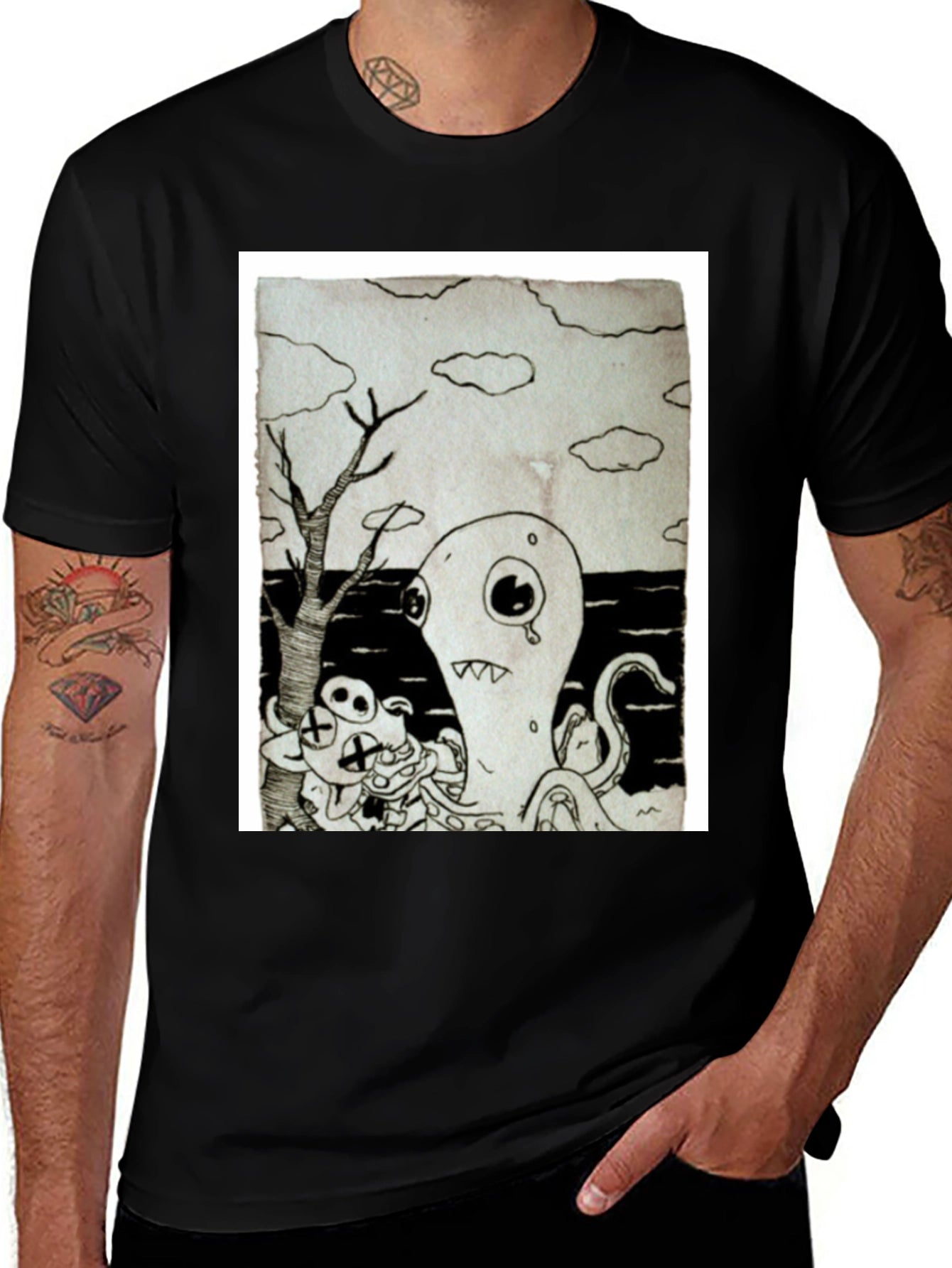 Monochrome Cartoon Graphic Black T-Shirt