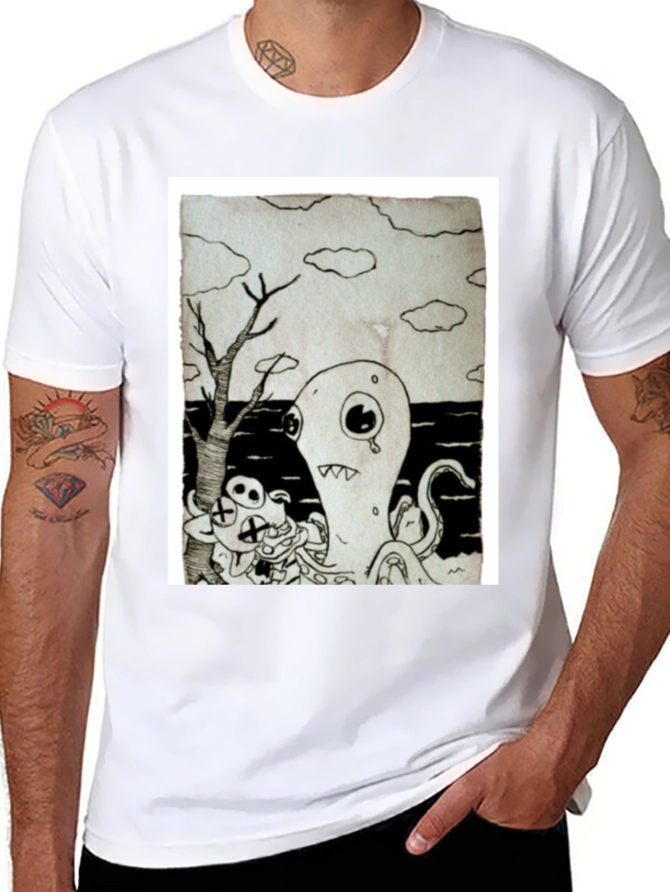 Monochrome Cartoon Graphic Black T-Shirt