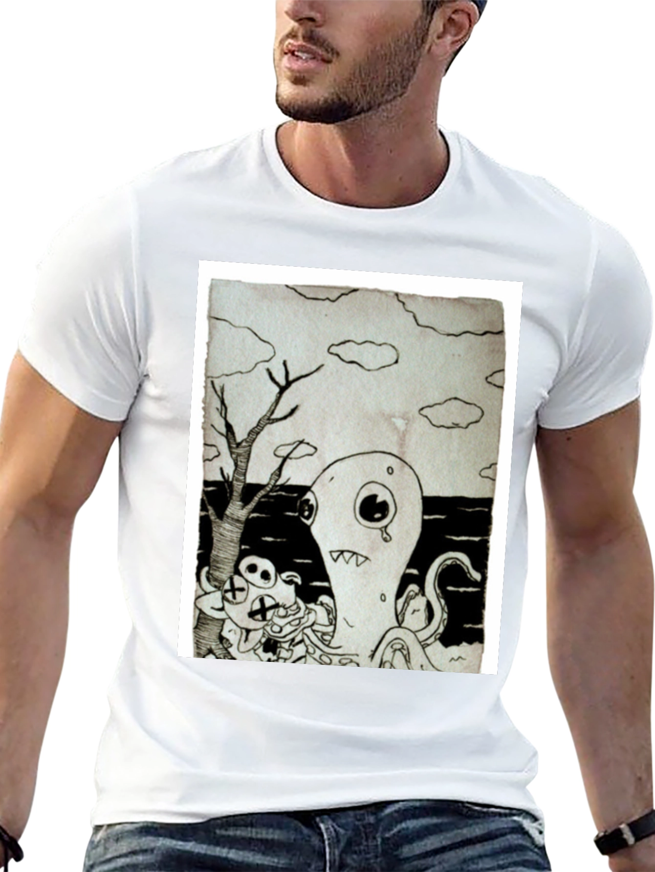 Monochrome Cartoon Graphic Black T-Shirt