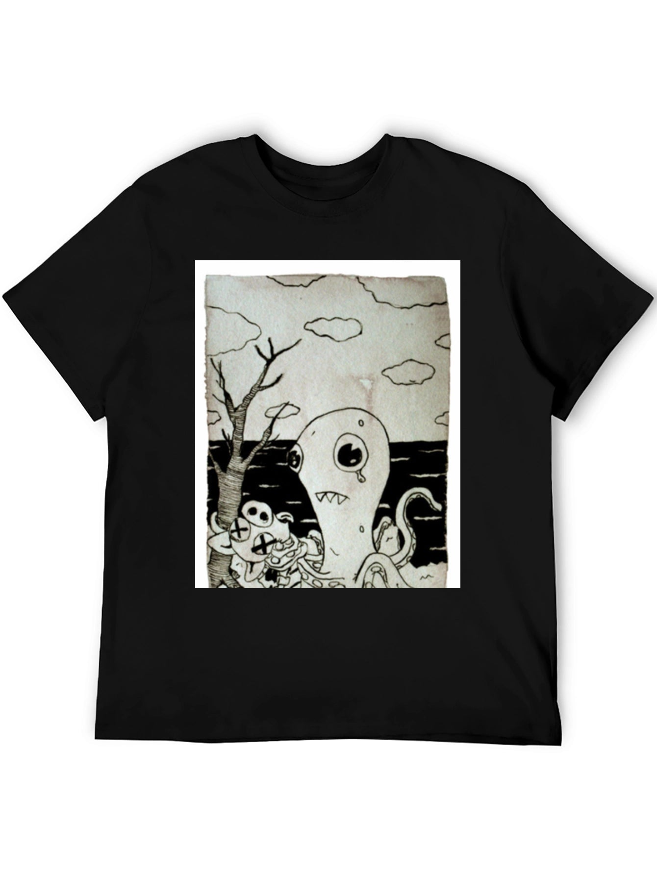 Monochrome Cartoon Graphic Black T-Shirt