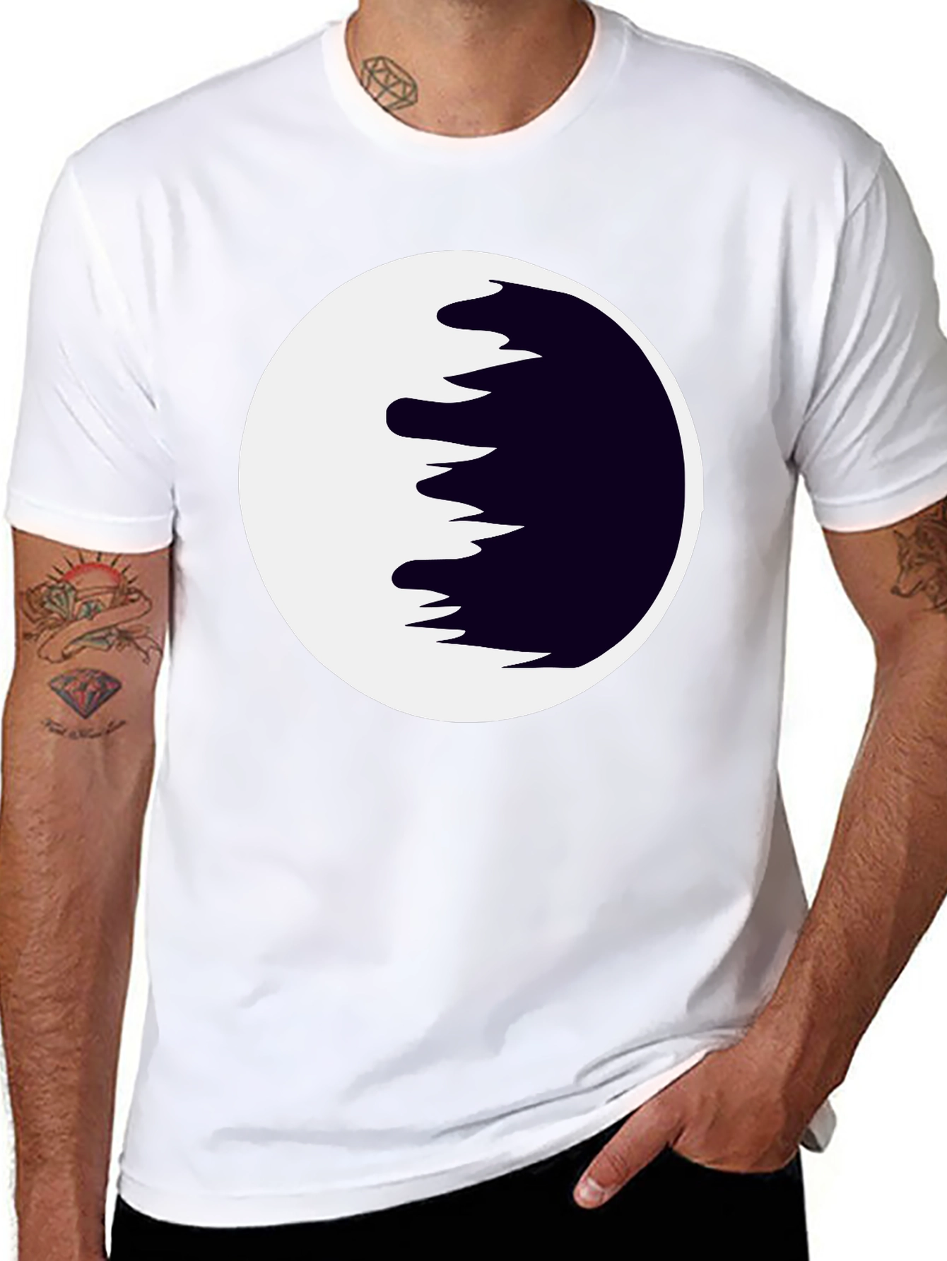 Abstract Moon Graphic Tee - Black Cotton Casual Shirt