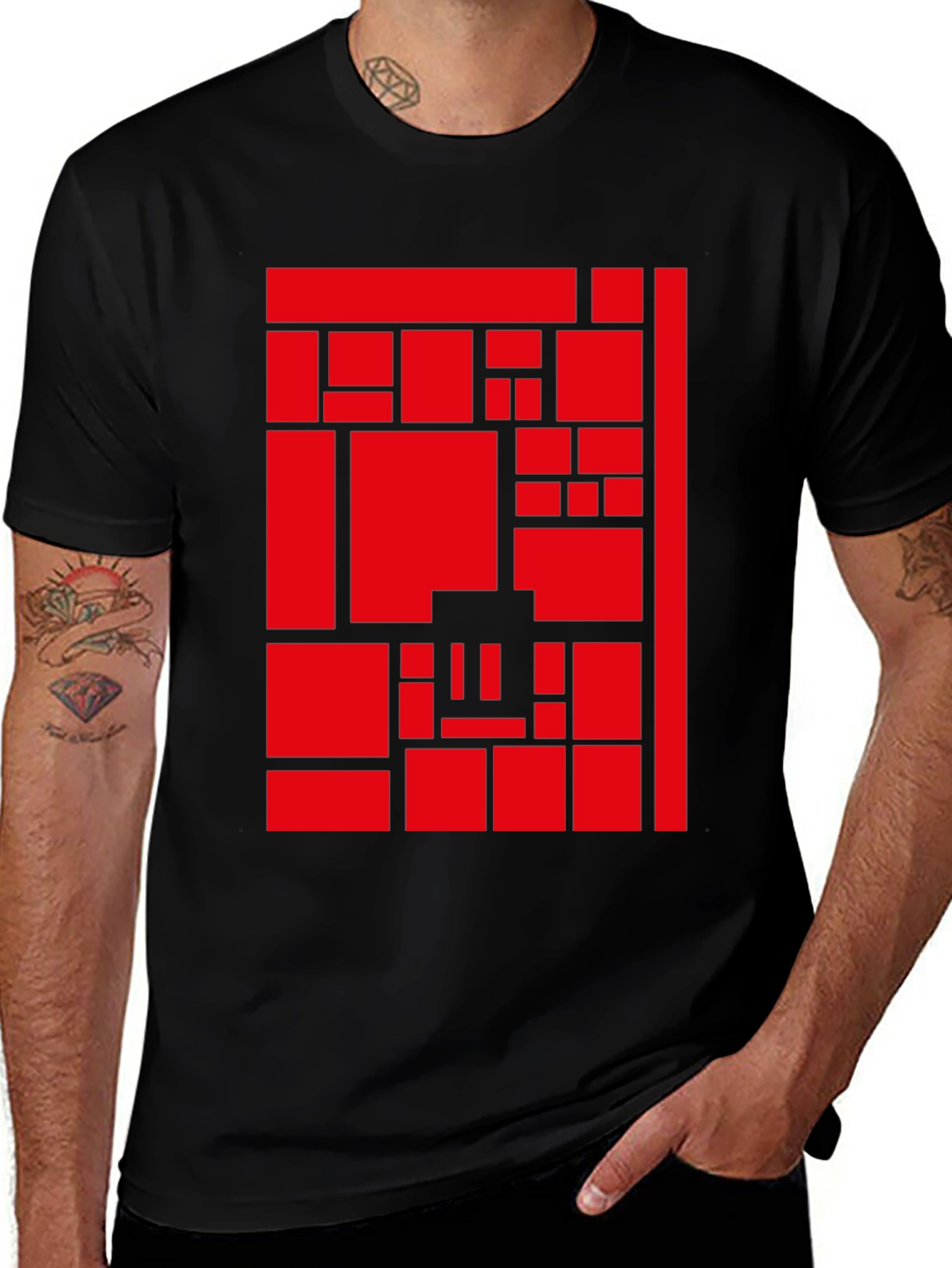 Abstract Geometric Red Block Pattern Print Tee