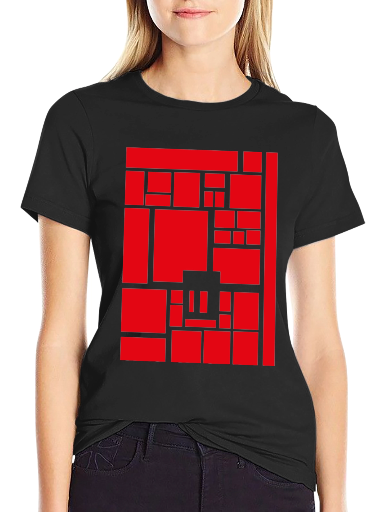 Abstract Geometric Red Block Pattern Print Tee
