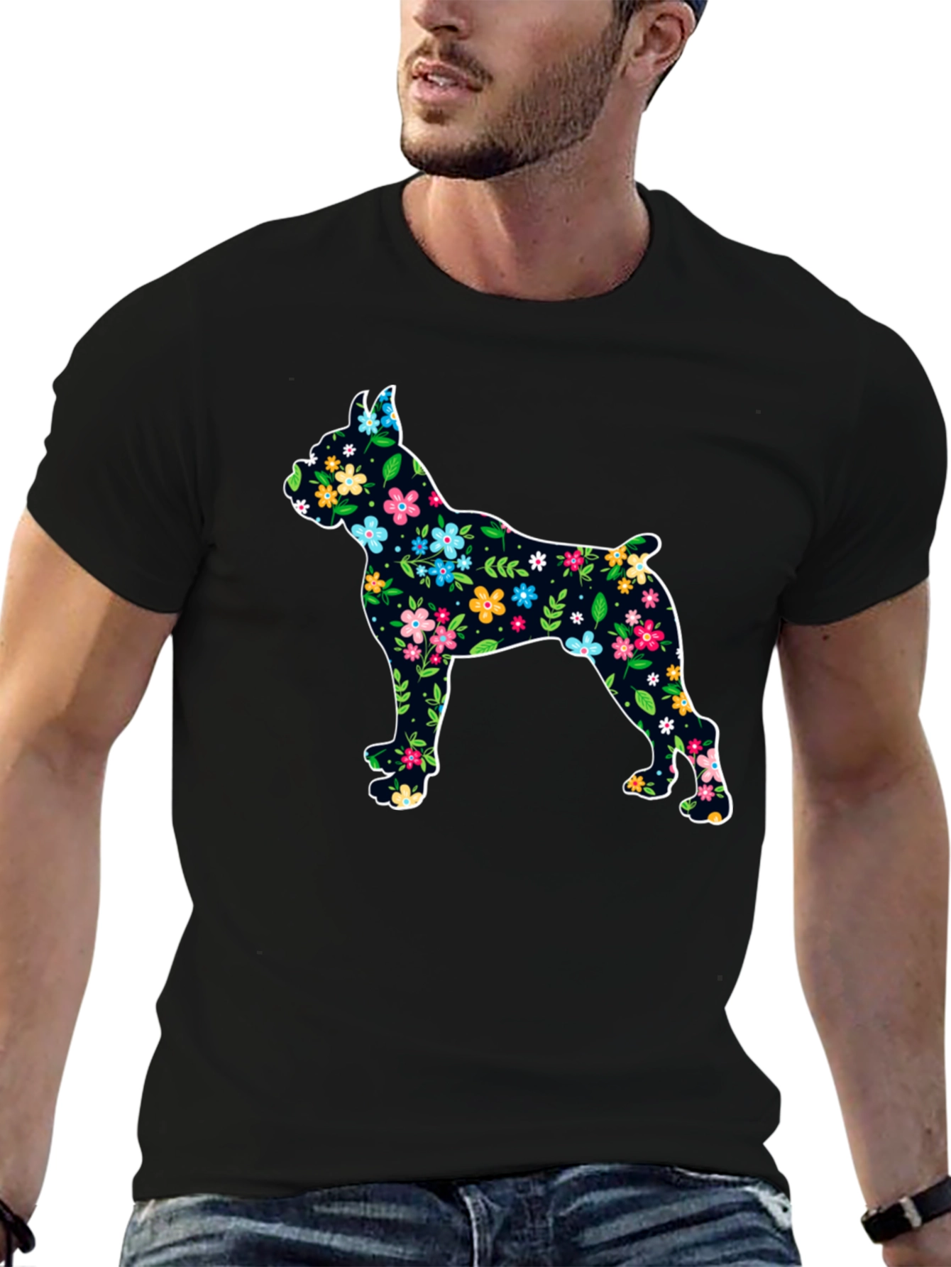 Floral Dog Silhouette Black T-Shirt