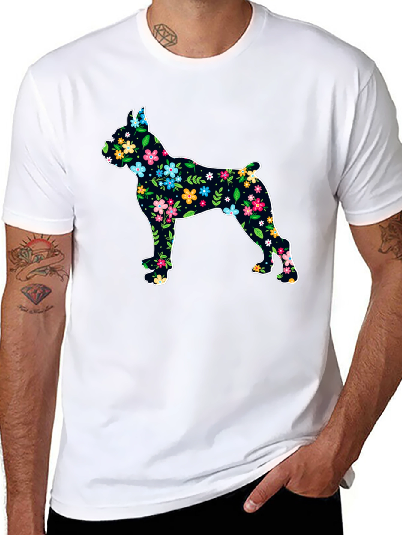 Floral Dog Silhouette Black T-Shirt