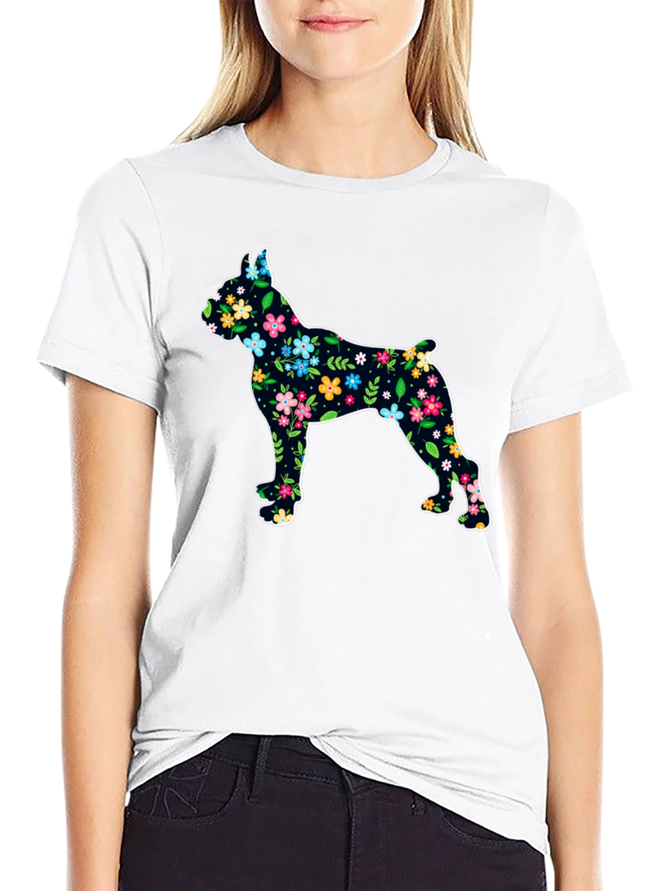 Floral Dog Silhouette Black T-Shirt