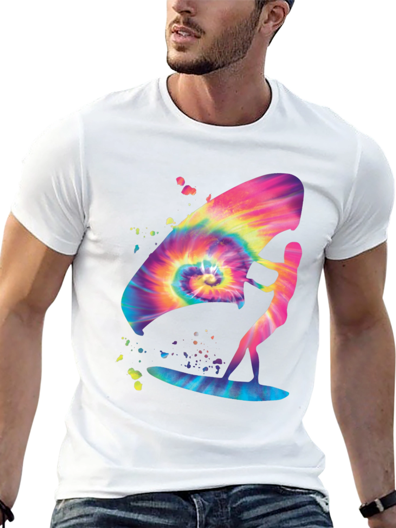 Tie-Dye Windsurfer Graphic Tee - Black Cotton Blend