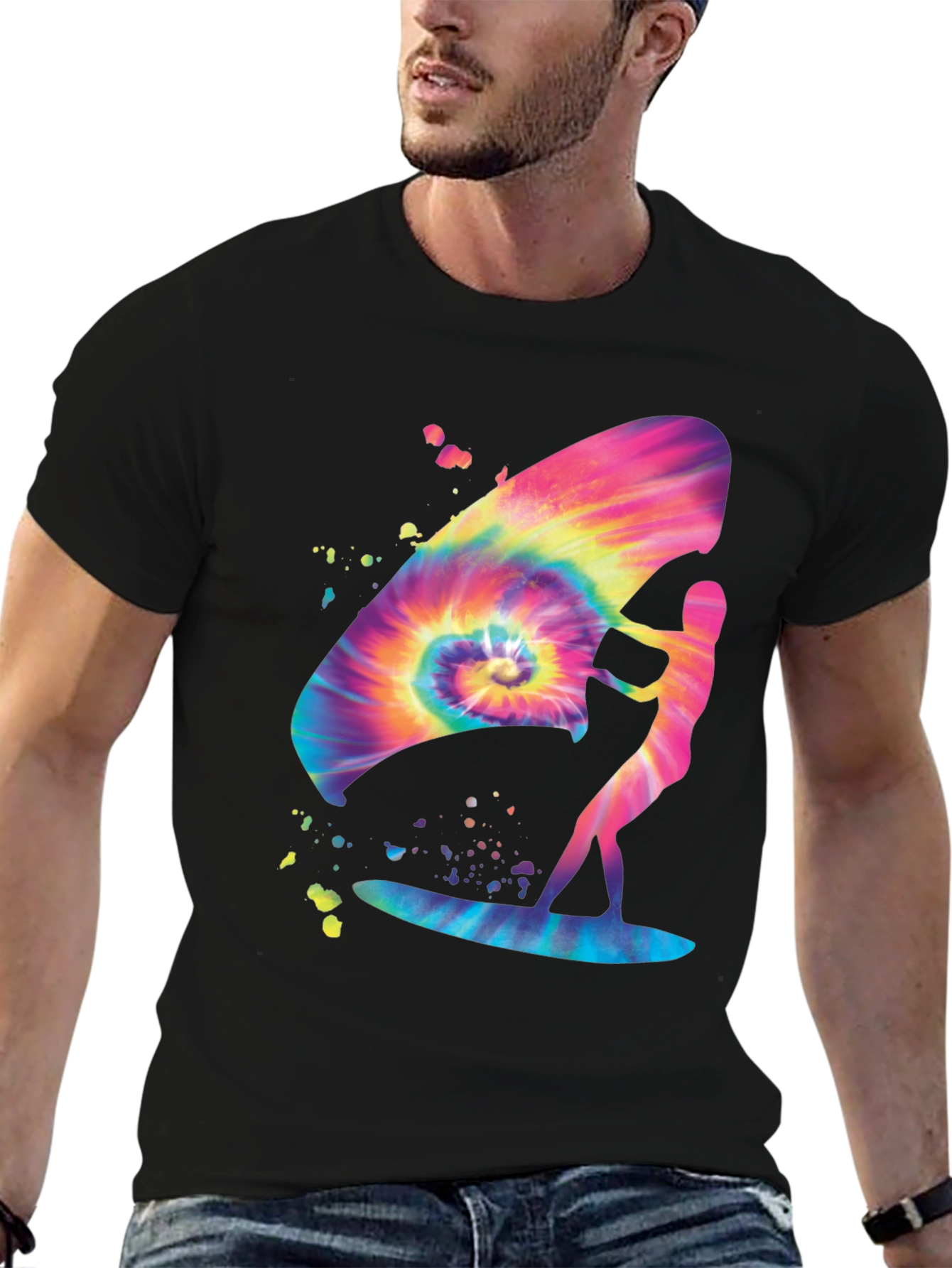 Tie-Dye Windsurfer Graphic Tee - Black Cotton Blend
