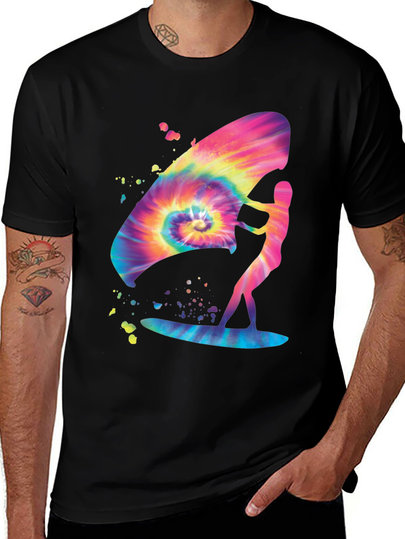 Tie-Dye Windsurfer Graphic Tee - Black Cotton Blend