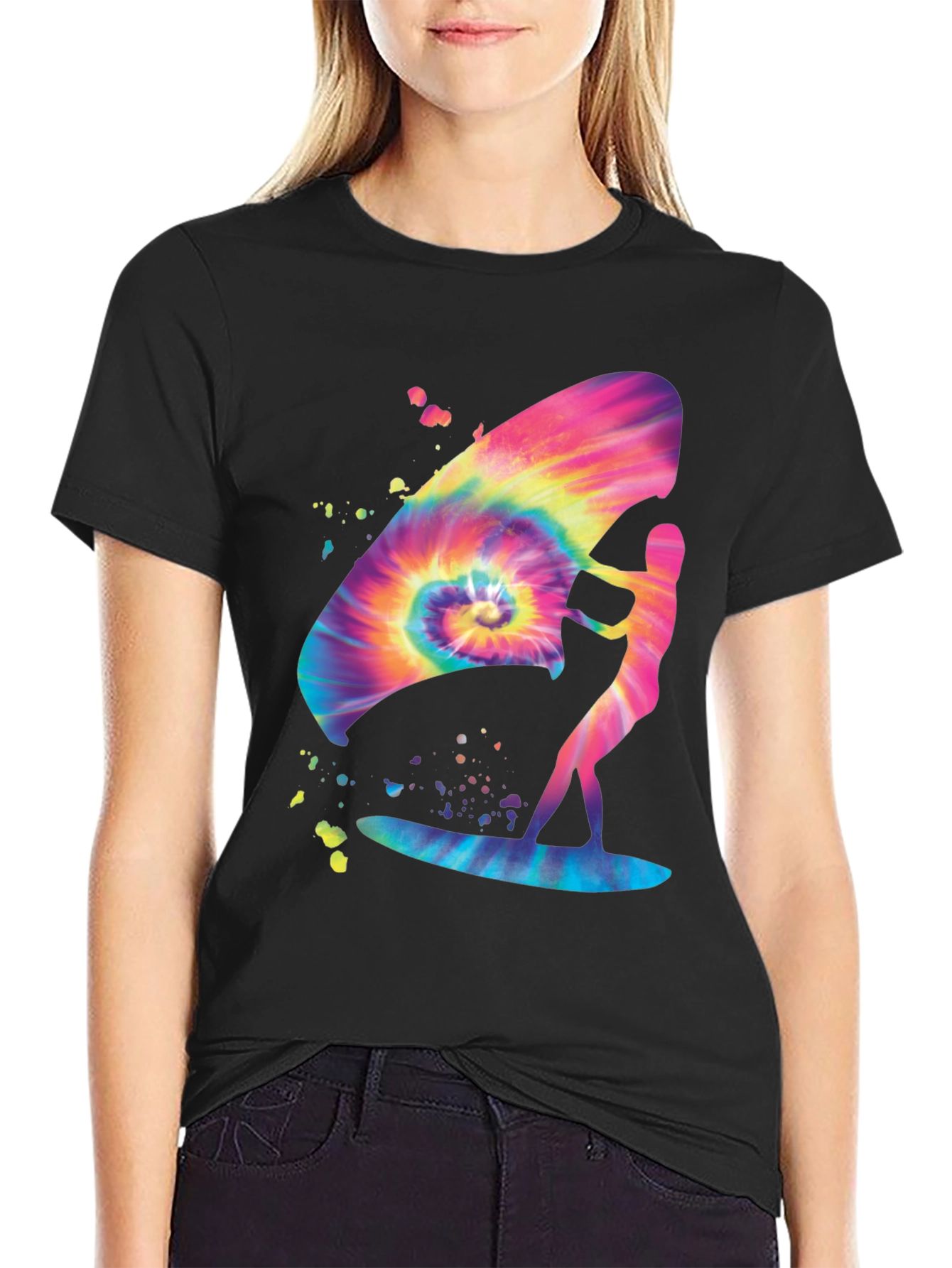 Tie-Dye Windsurfer Graphic Tee - Black Cotton Blend