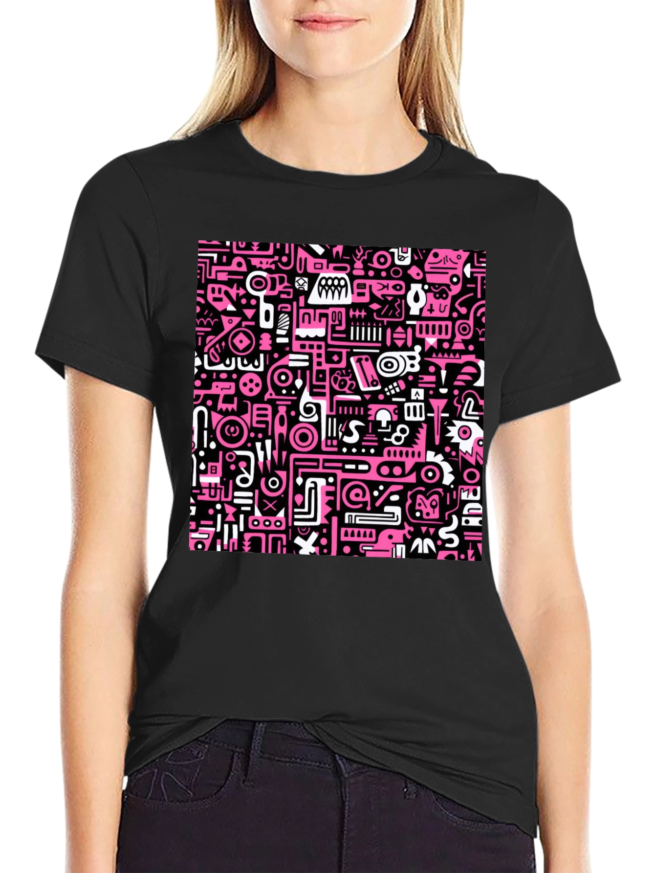 Abstract Pink & Black Graphic Print Crew Neck T-Shirt