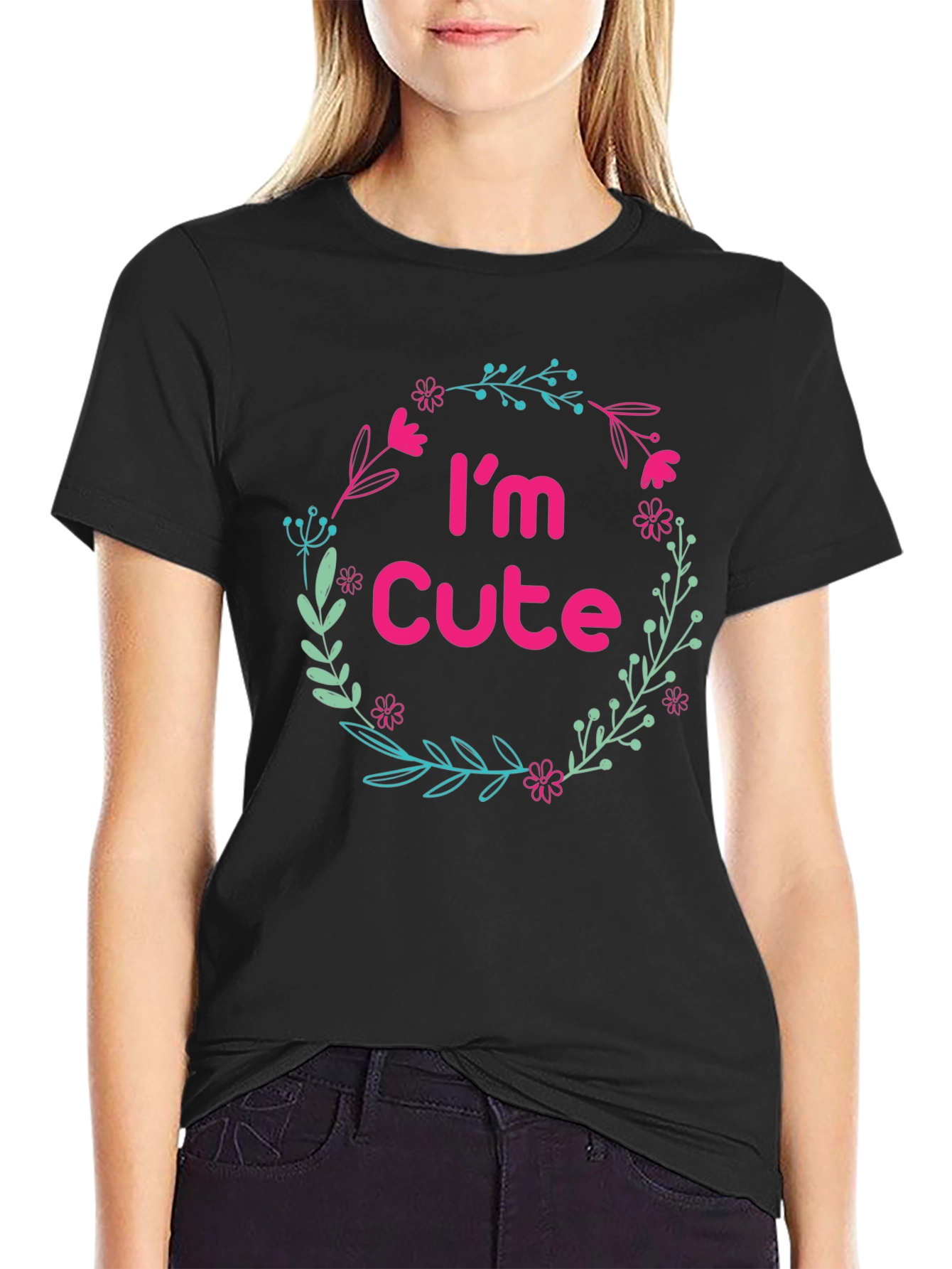 Im Cute Floral Wreath Black T-Shirt