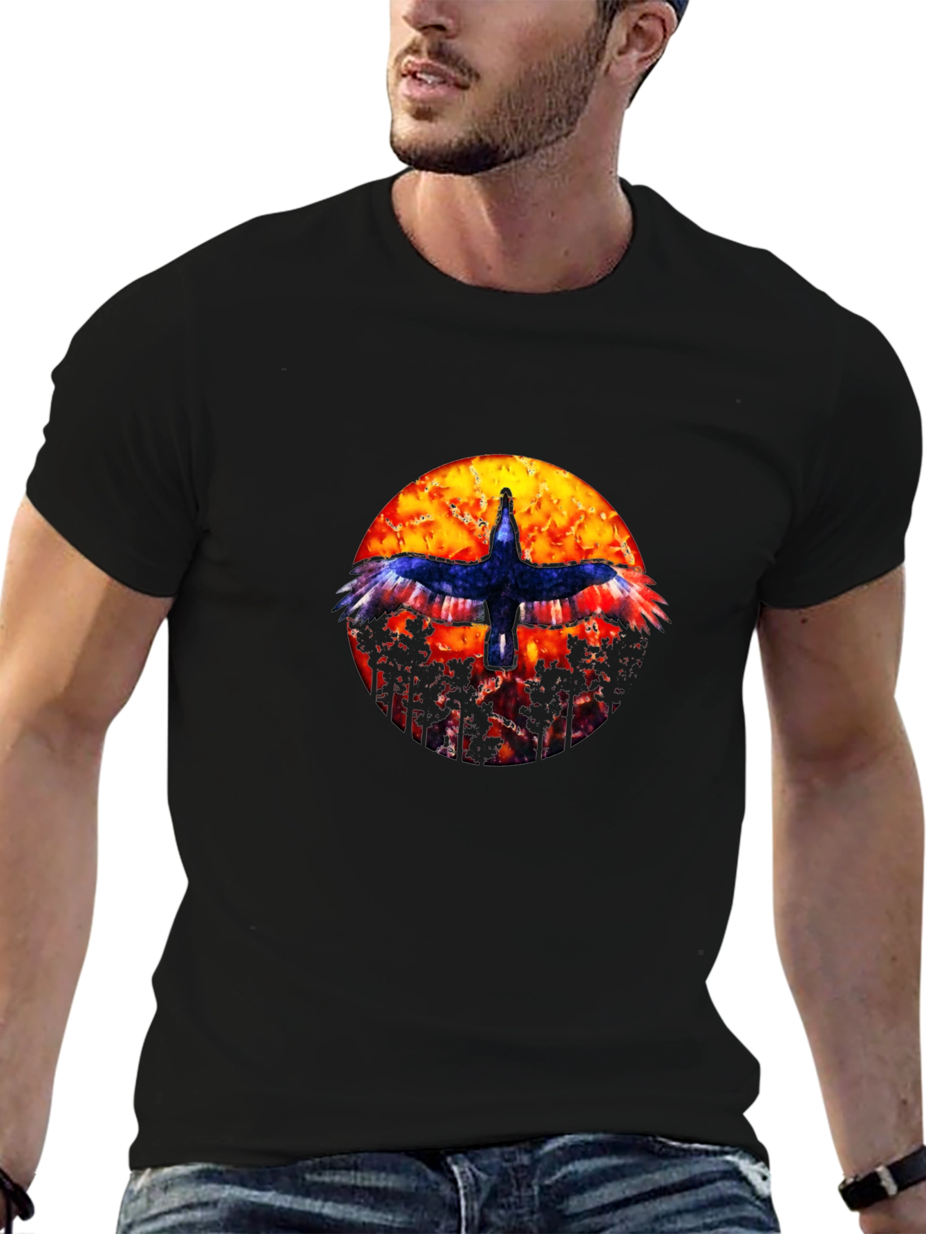 Black T-Shirt with Bird and Sunset Graphic