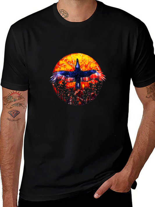 Black T-Shirt with Bird and Sunset Graphic