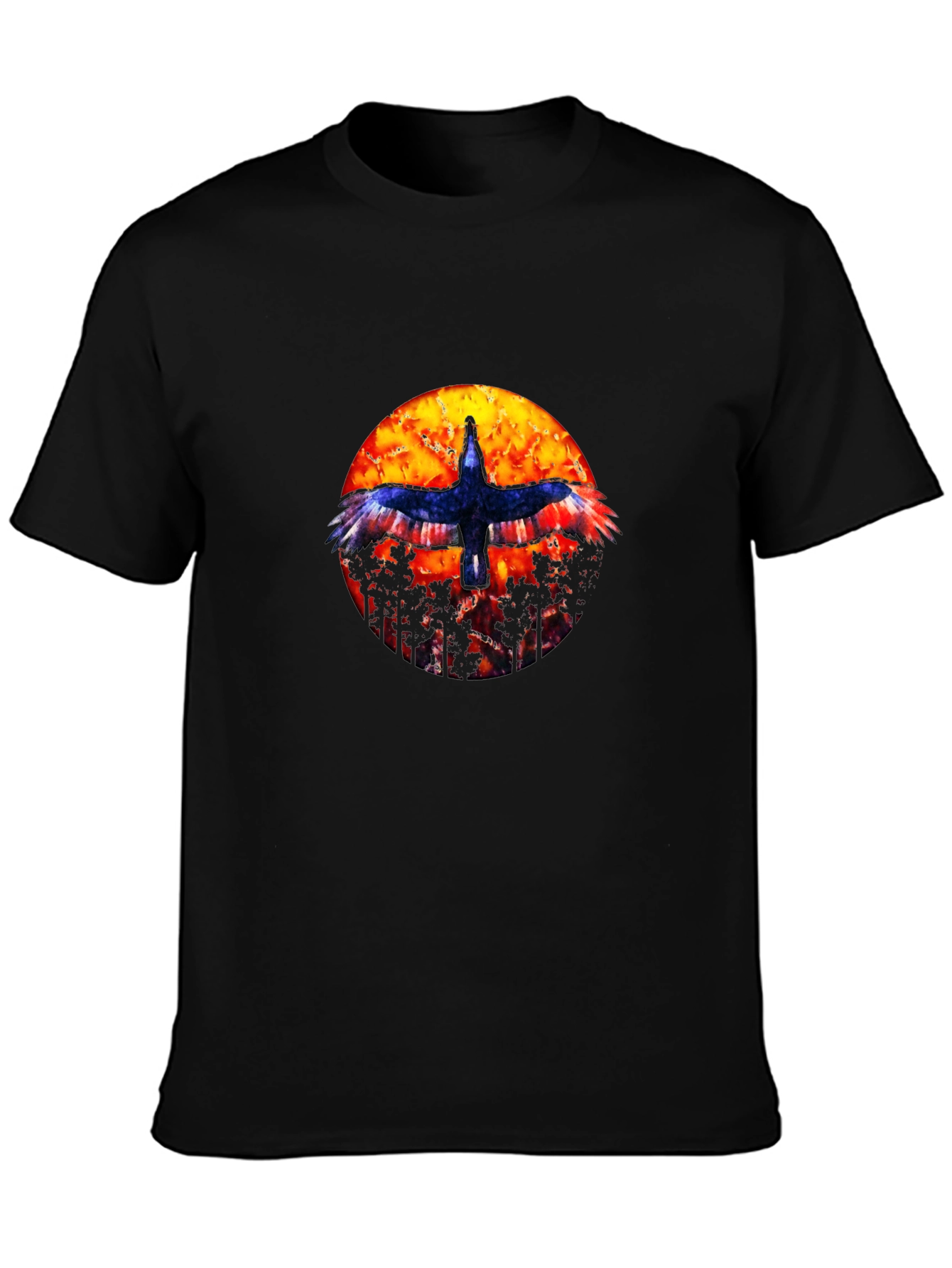 Black T-Shirt with Bird and Sunset Graphic