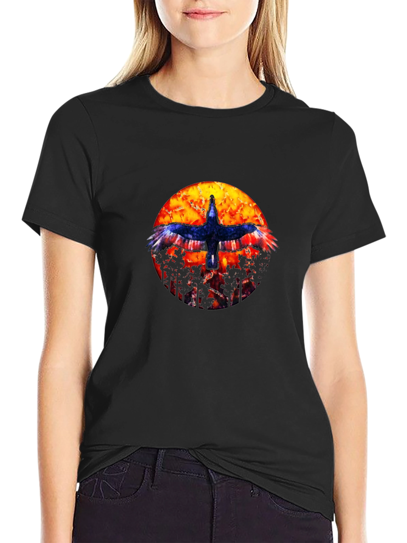 Black T-Shirt with Bird and Sunset Graphic