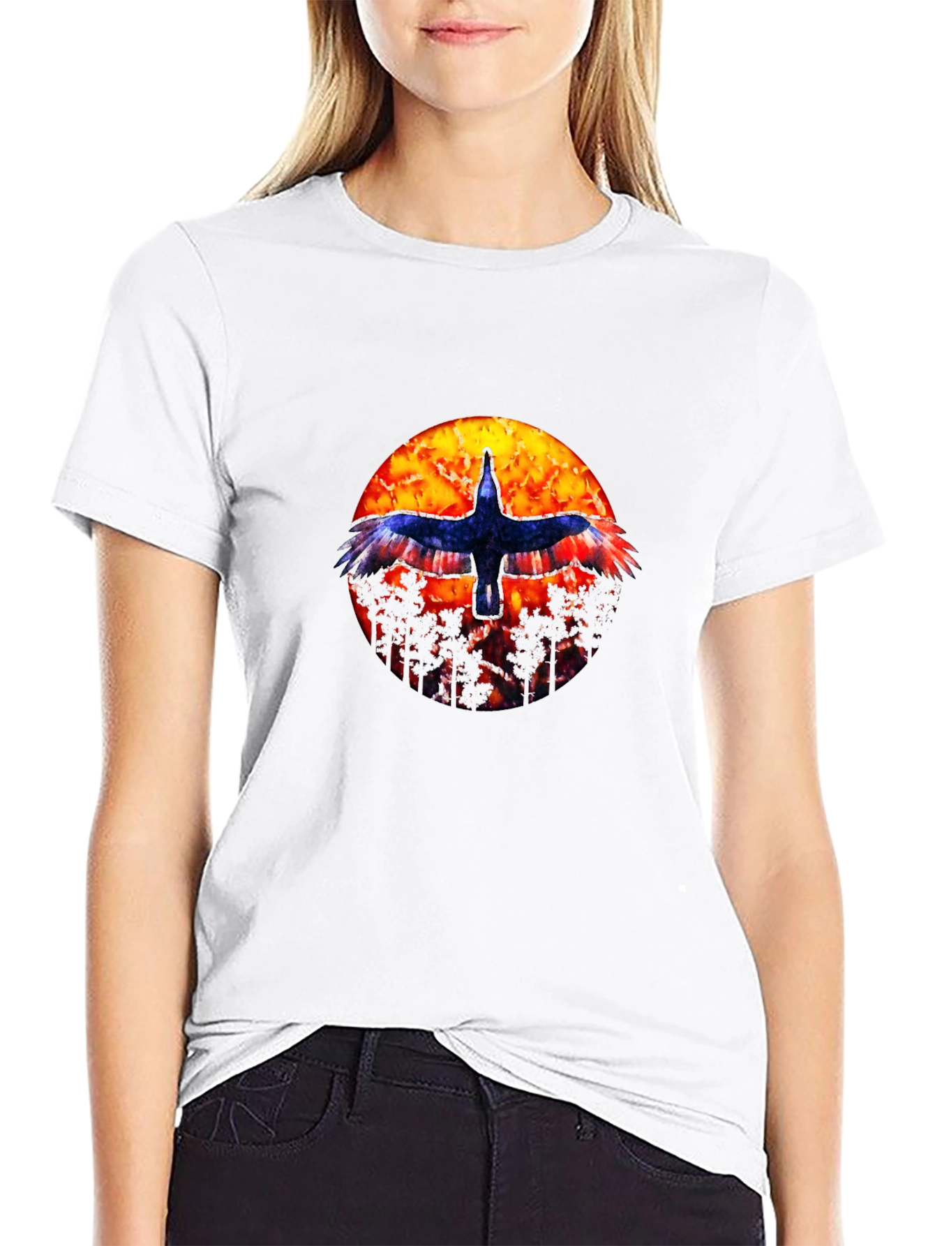 Black T-Shirt with Bird and Sunset Graphic