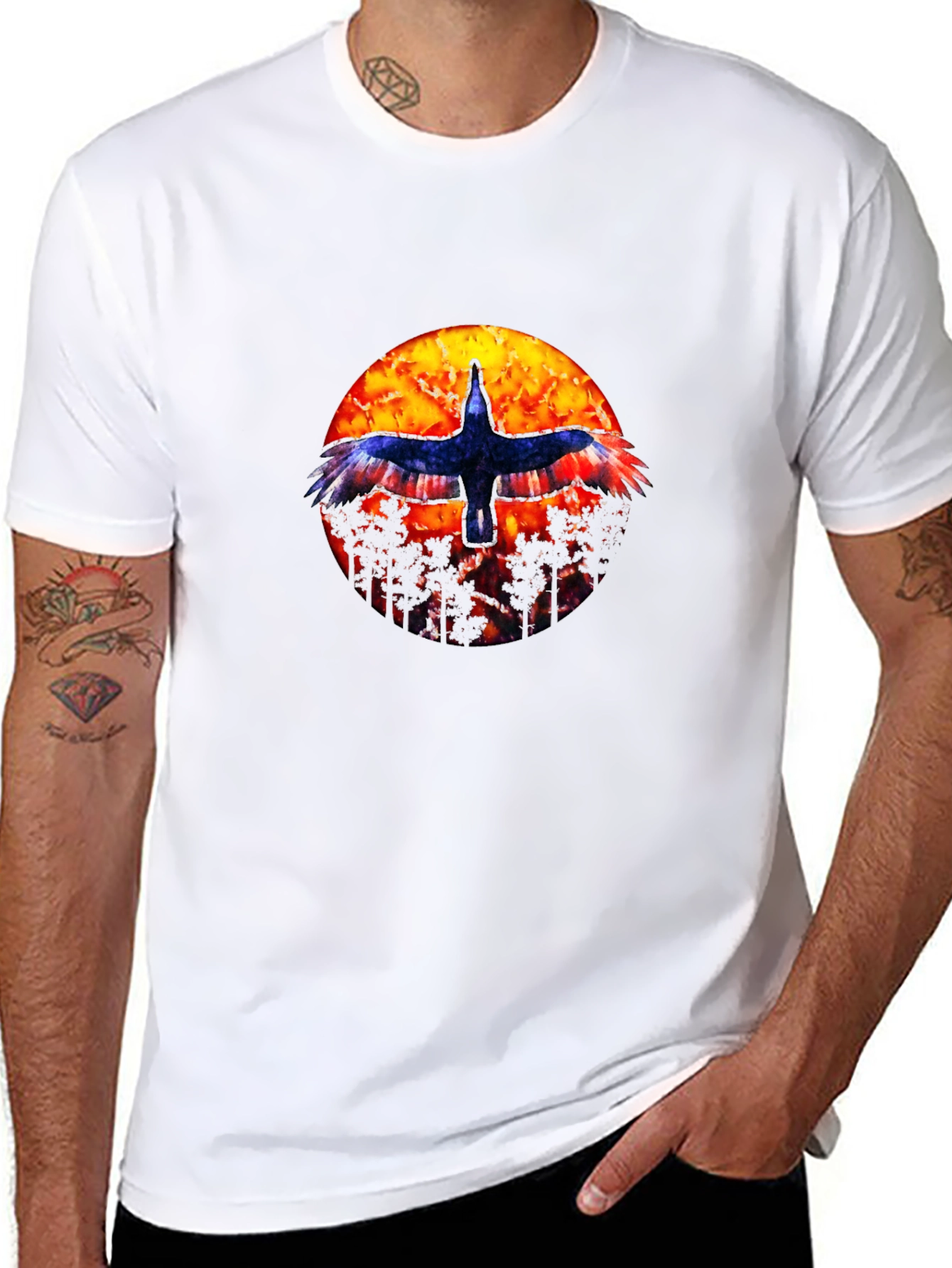 Black T-Shirt with Bird and Sunset Graphic
