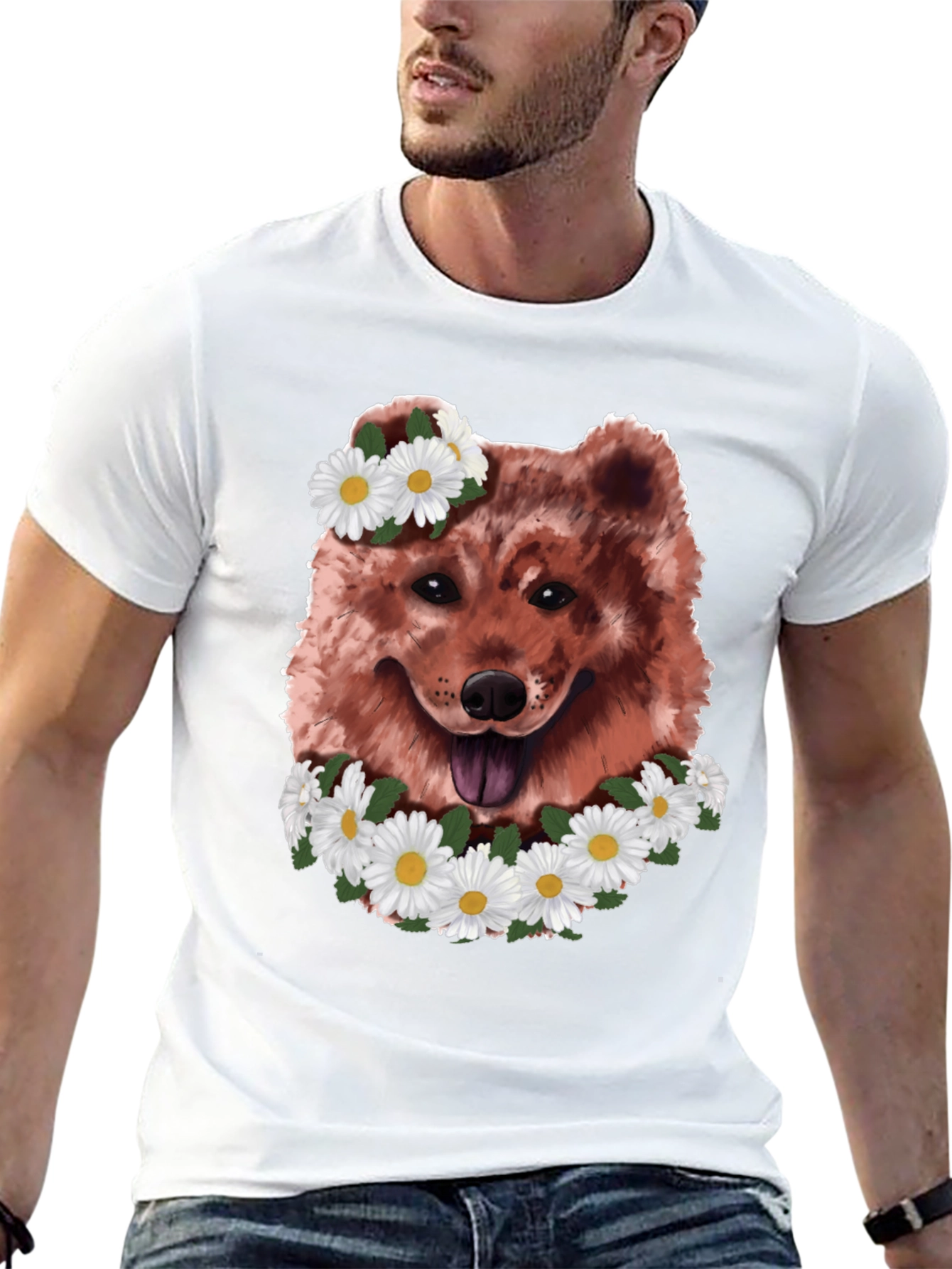Dog with Daisy Wreath Graphic Tee - Black