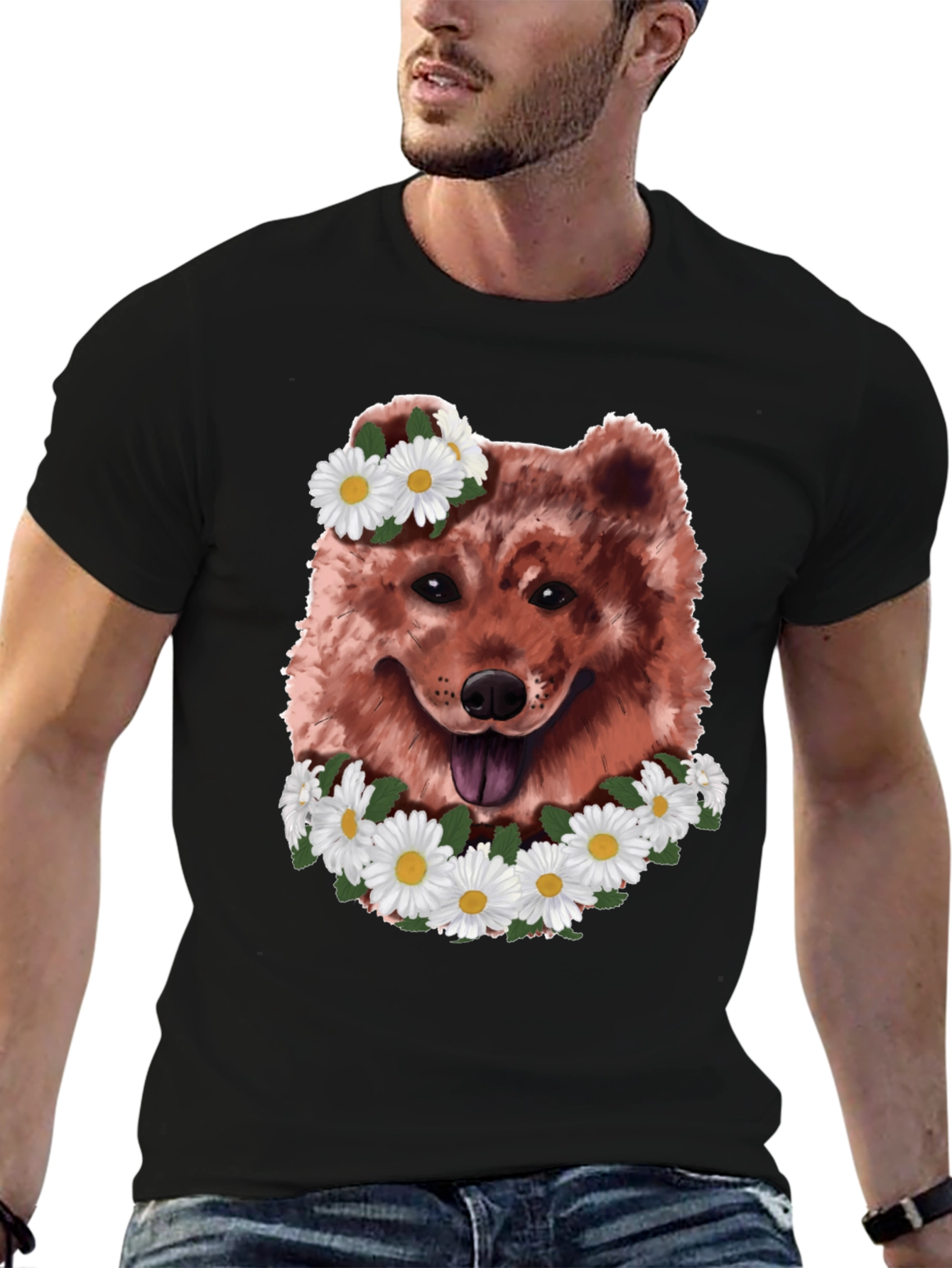 Dog with Daisy Wreath Graphic Tee - Black