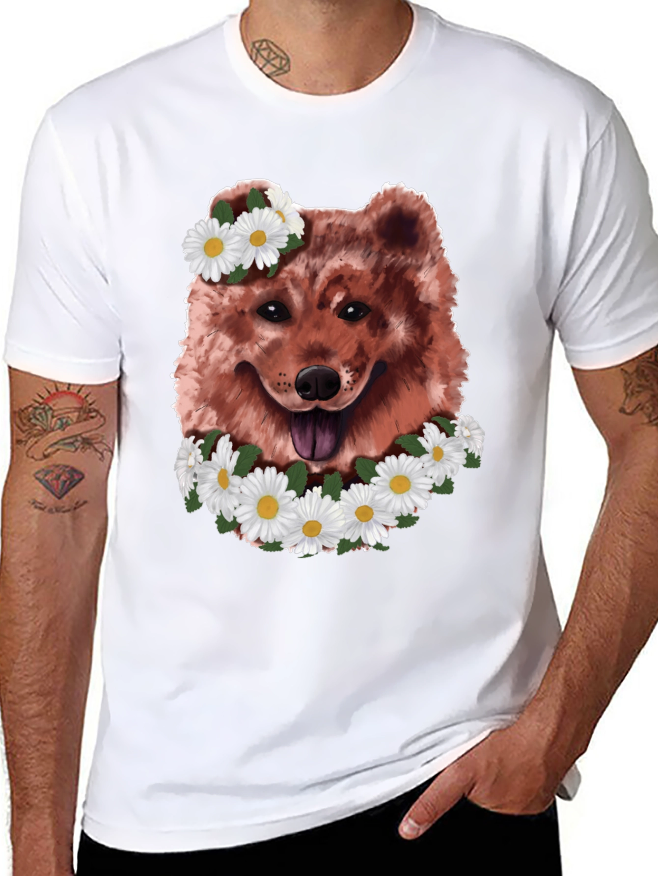 Dog with Daisy Wreath Graphic Tee - Black
