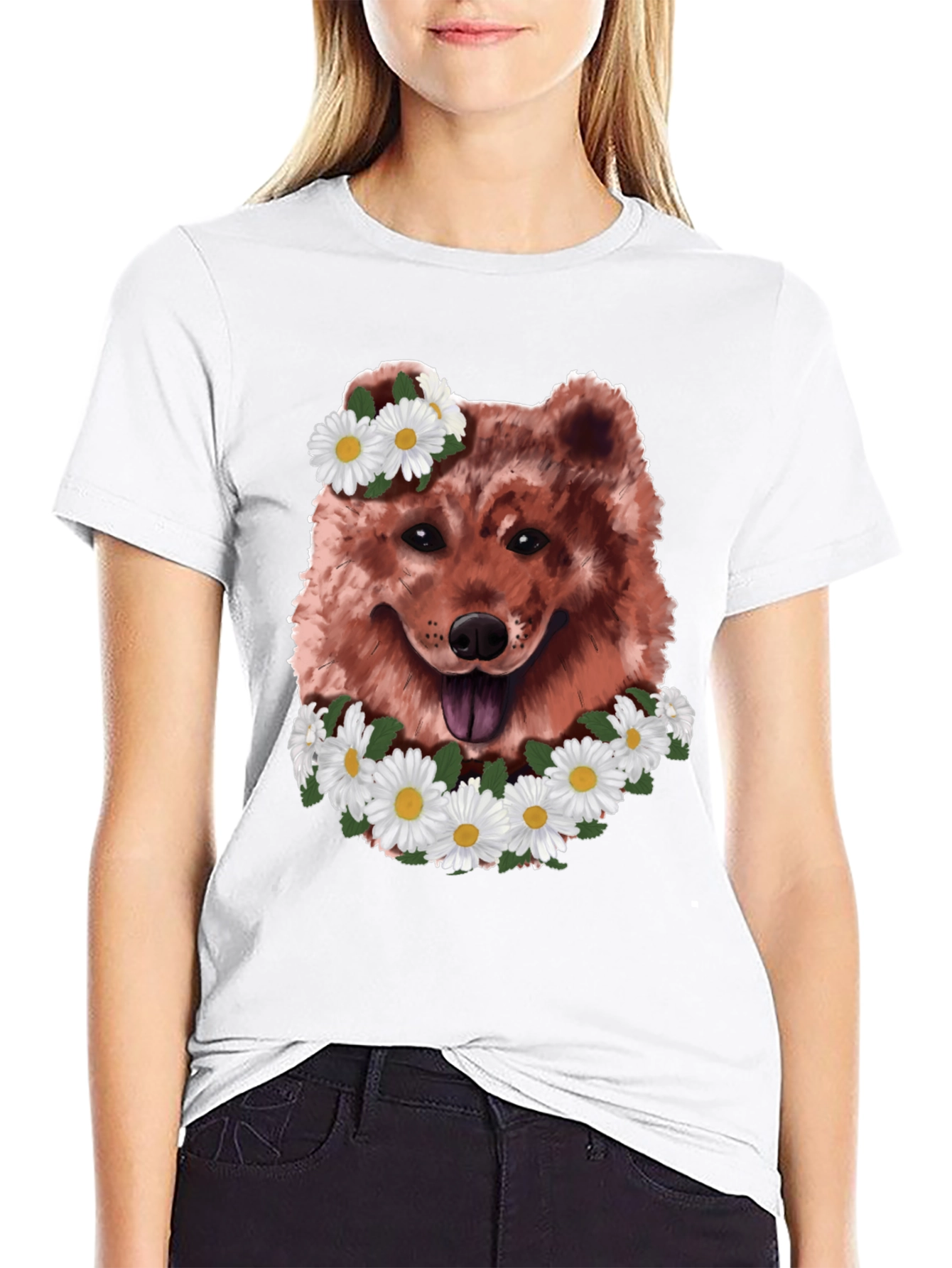 Dog with Daisy Wreath Graphic Tee - Black