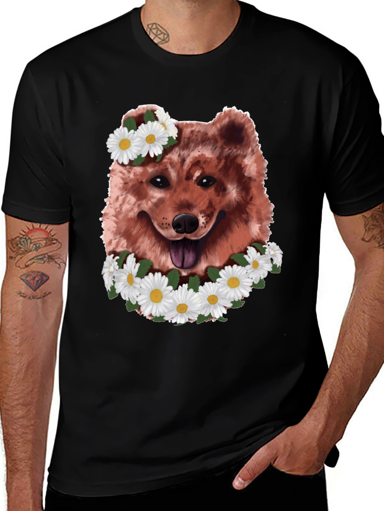 Dog with Daisy Wreath Graphic Tee - Black