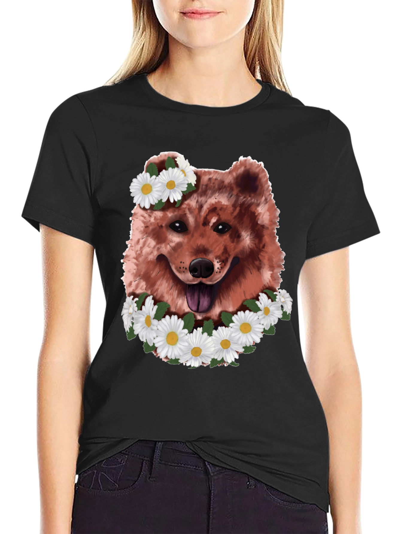Dog with Daisy Wreath Graphic Tee - Black