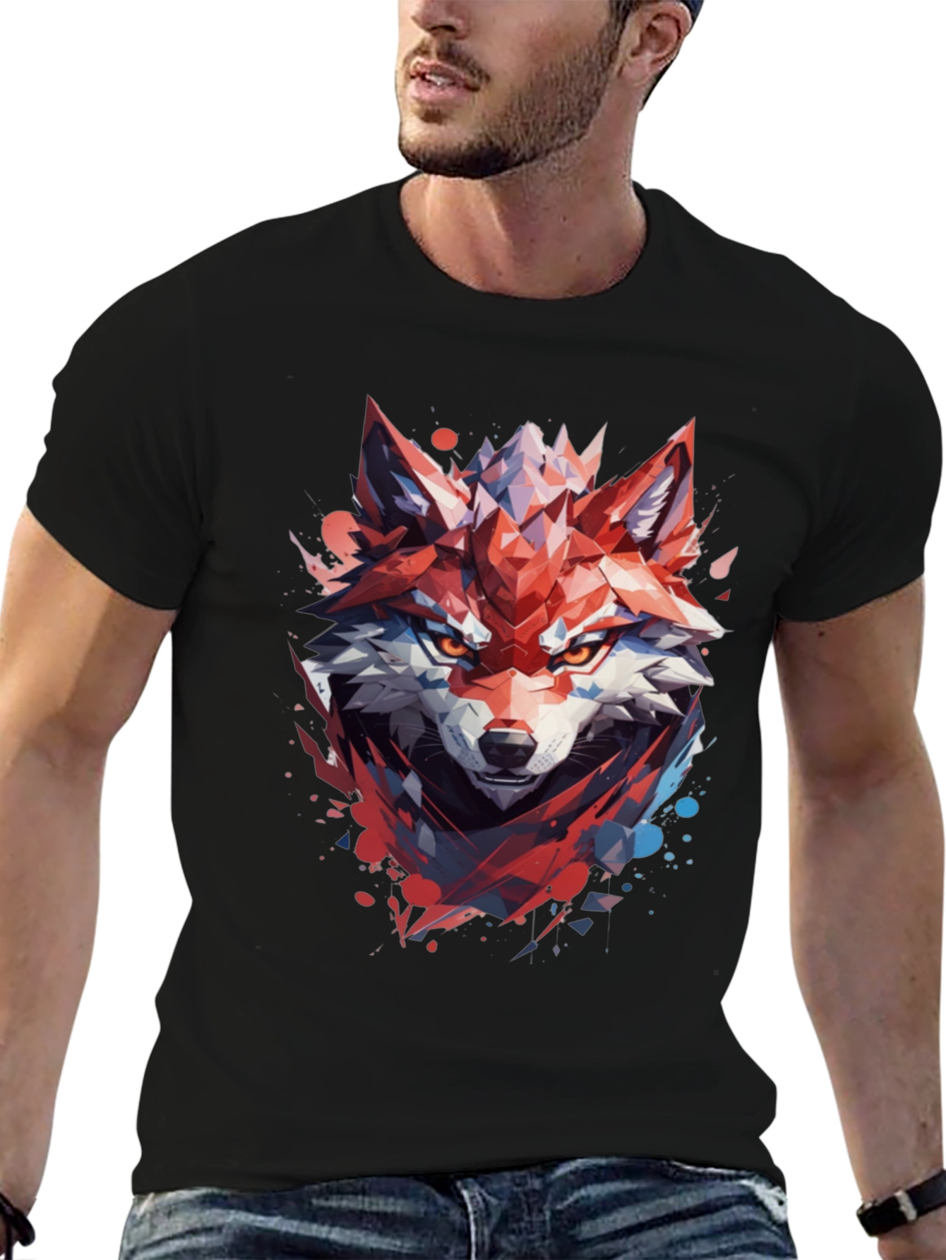 Geometric Wolf Graphic Black T-Shirt