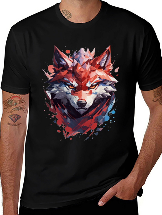 Geometric Wolf Graphic Black T-Shirt