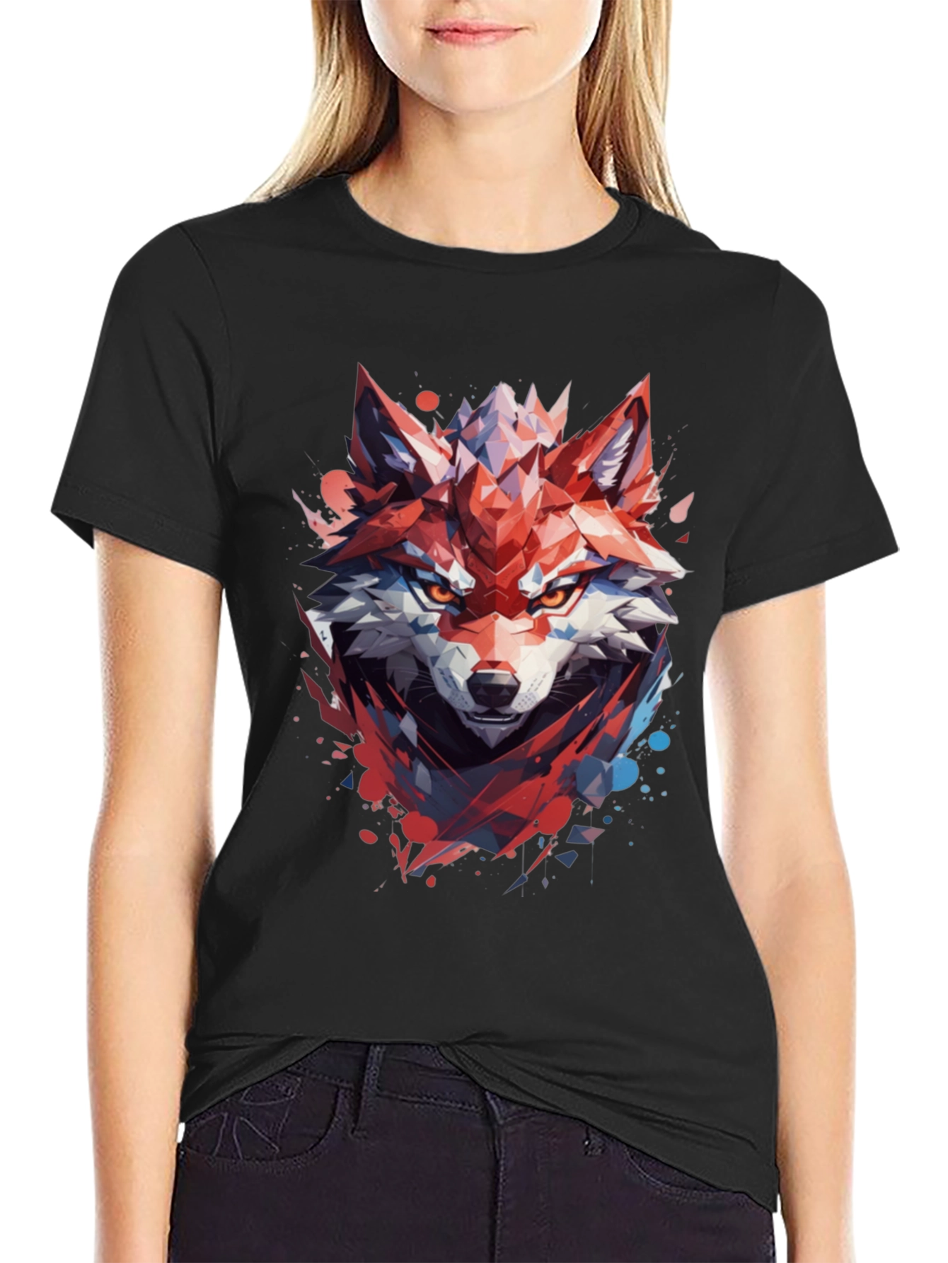 Geometric Wolf Graphic Black T-Shirt