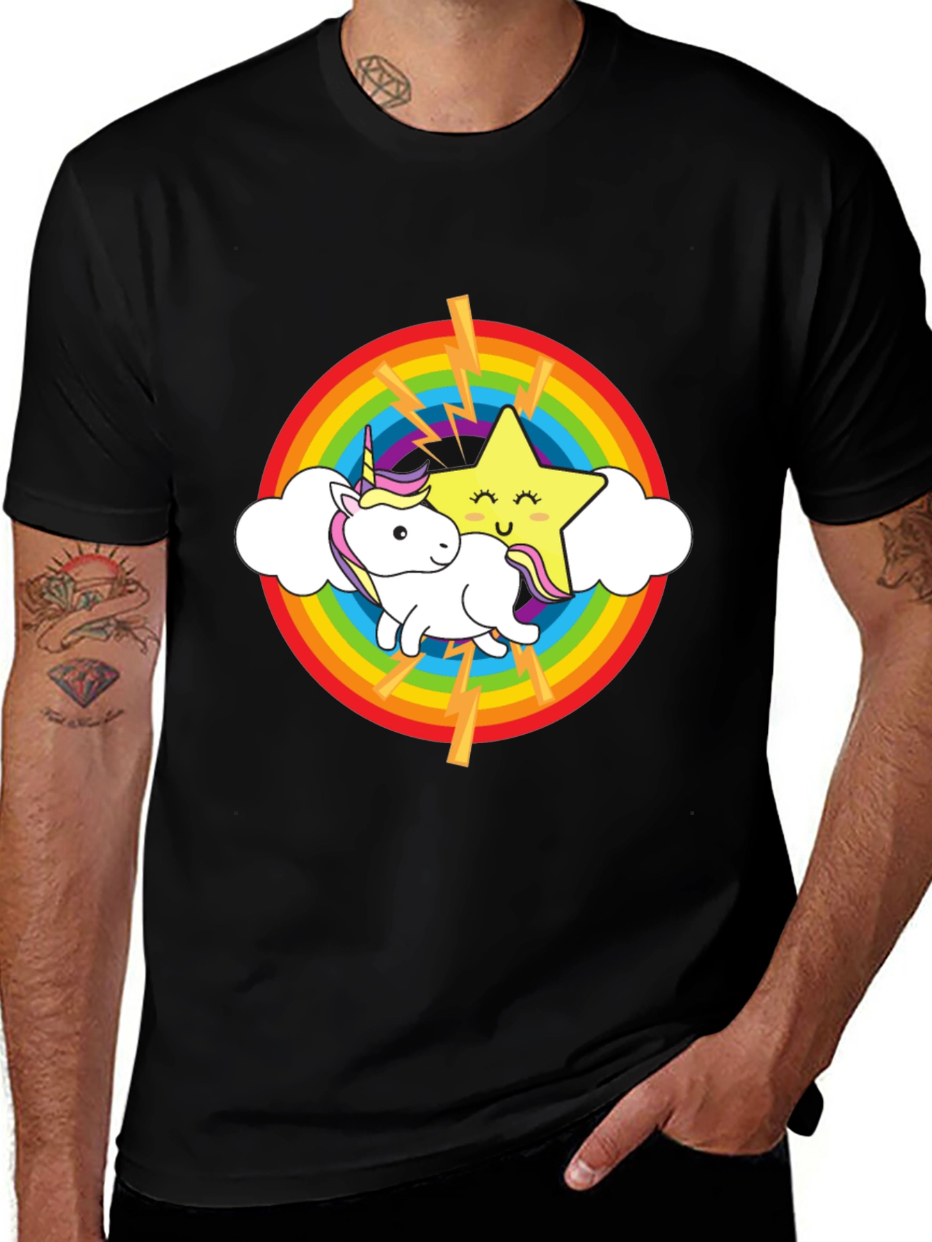 Rainbow Unicorn Star Black T-Shirt