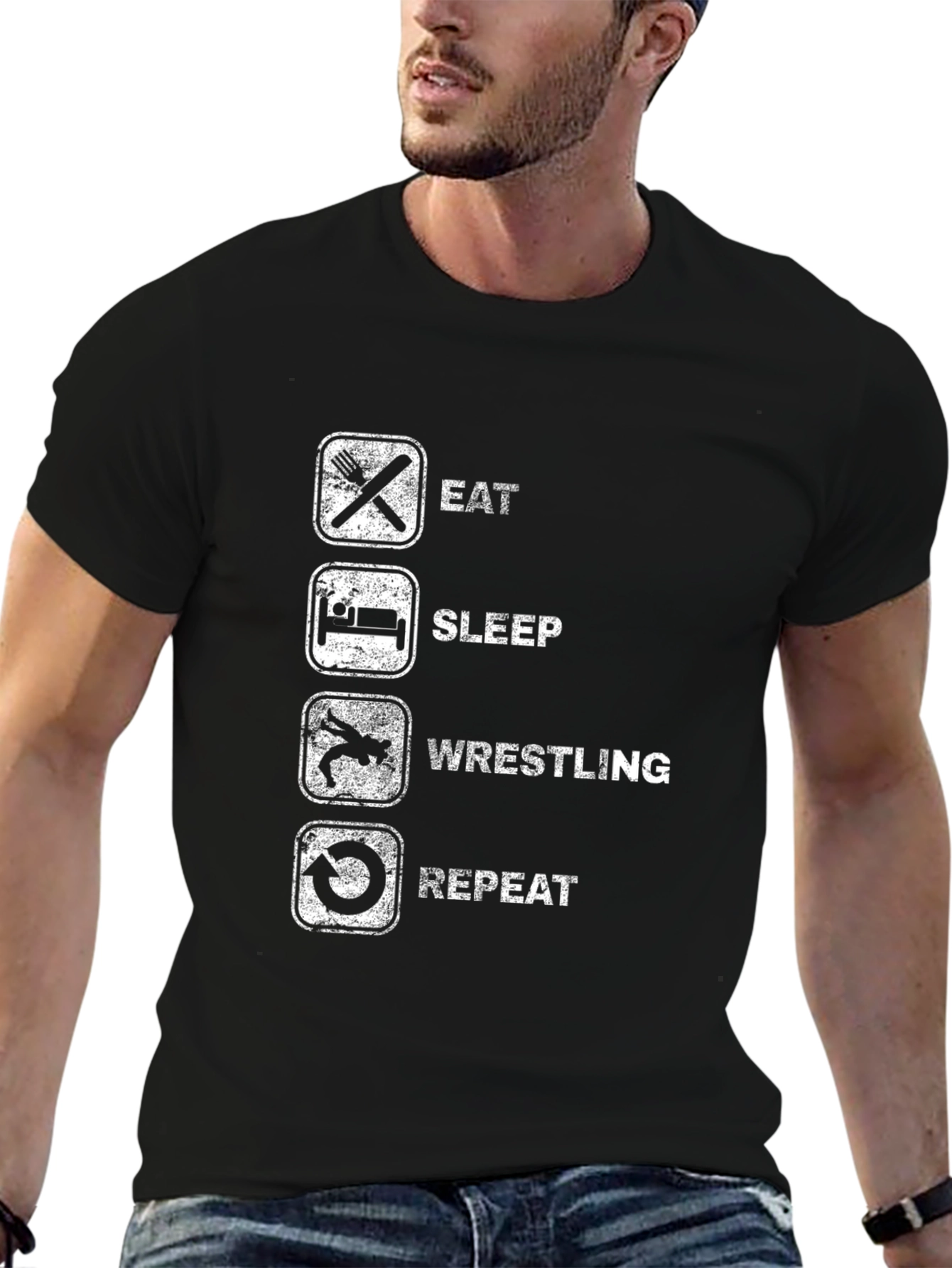 Eat Sleep Wrestling Repeat Black Graphic Tee