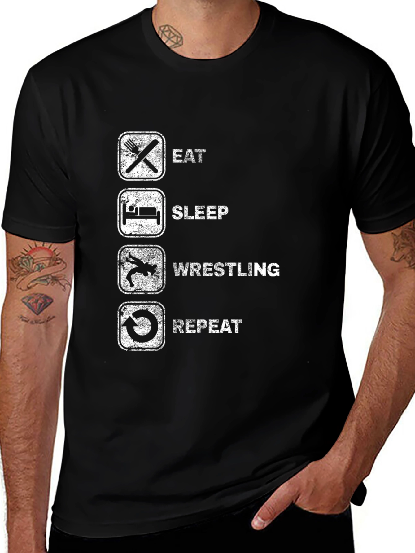 Eat Sleep Wrestling Repeat Black Graphic Tee